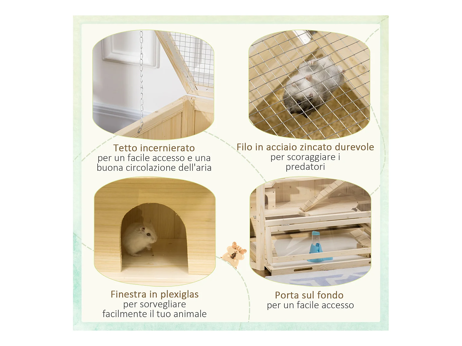 Casetta per criceti in legno 3 livelli tetto apribile parete trasparente