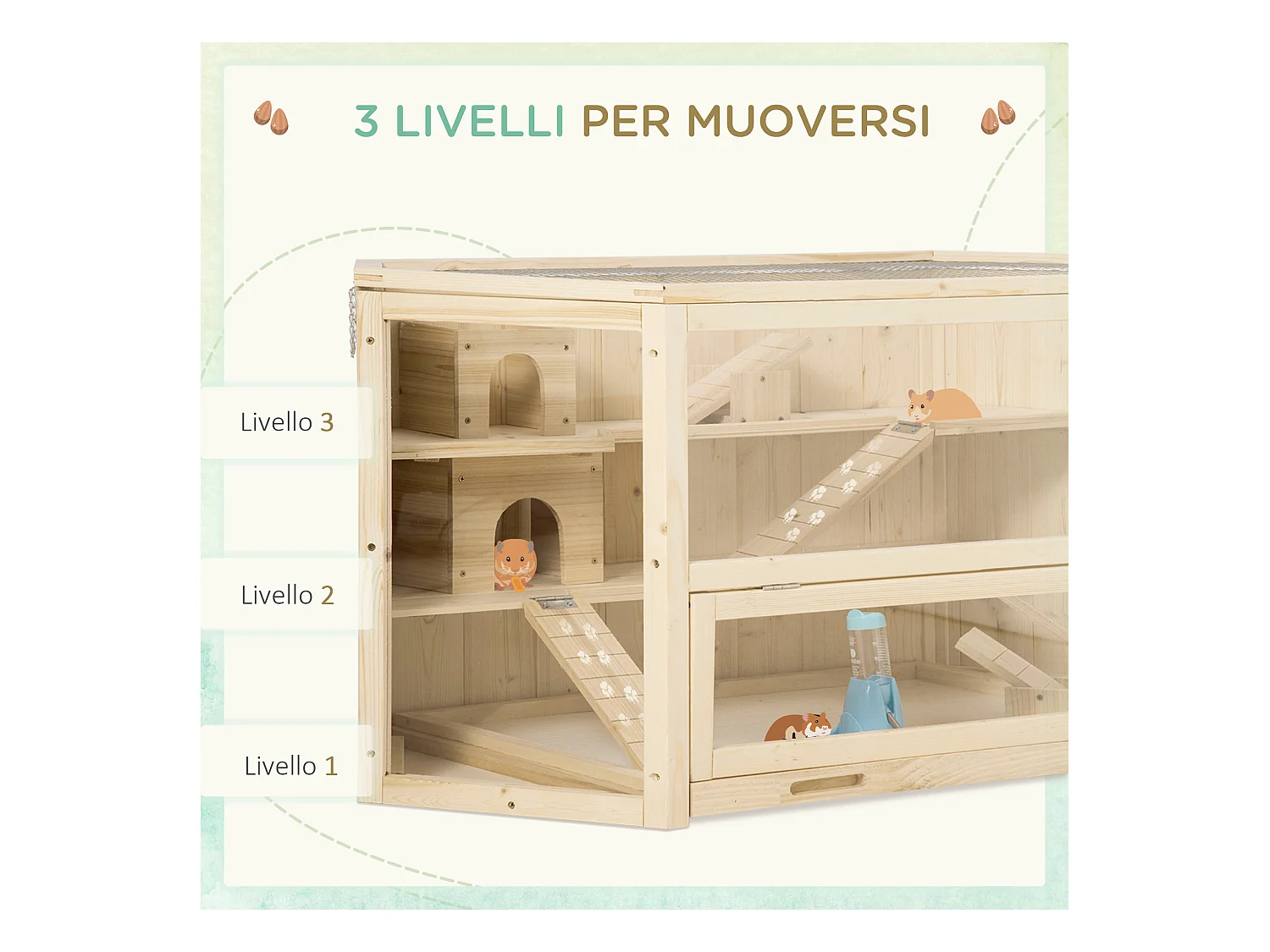 Casetta per criceti in legno 3 livelli tetto apribile parete trasparente