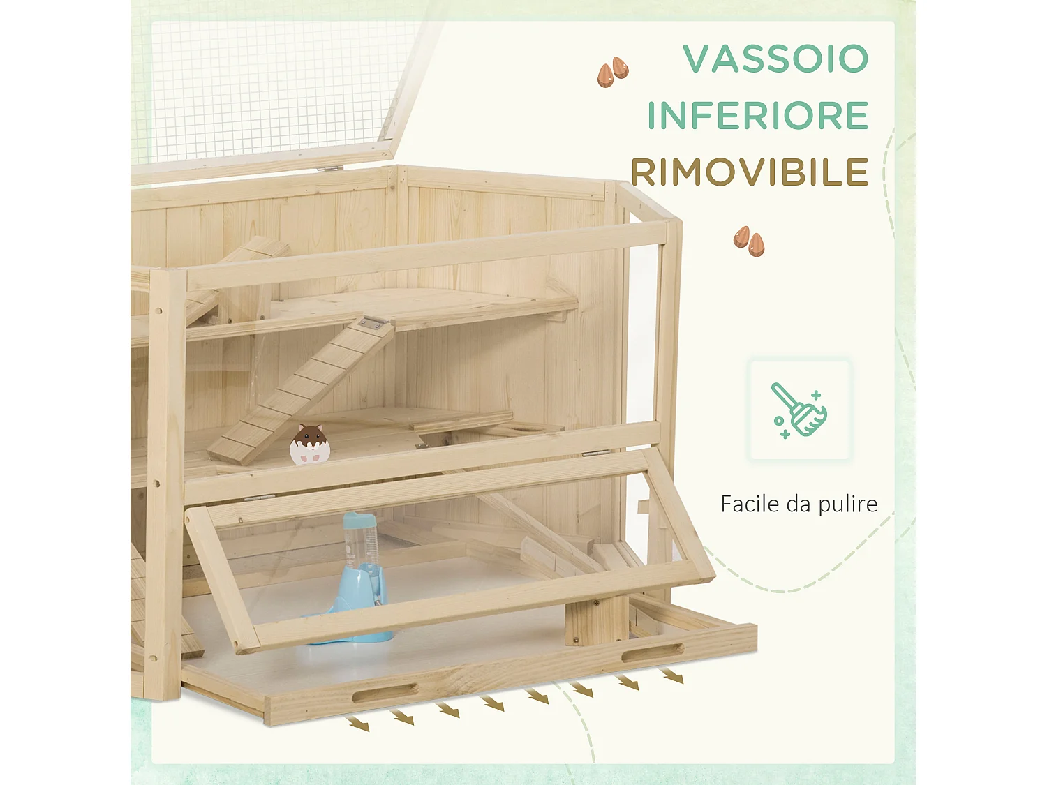 Casetta per criceti in legno 3 livelli tetto apribile parete trasparente