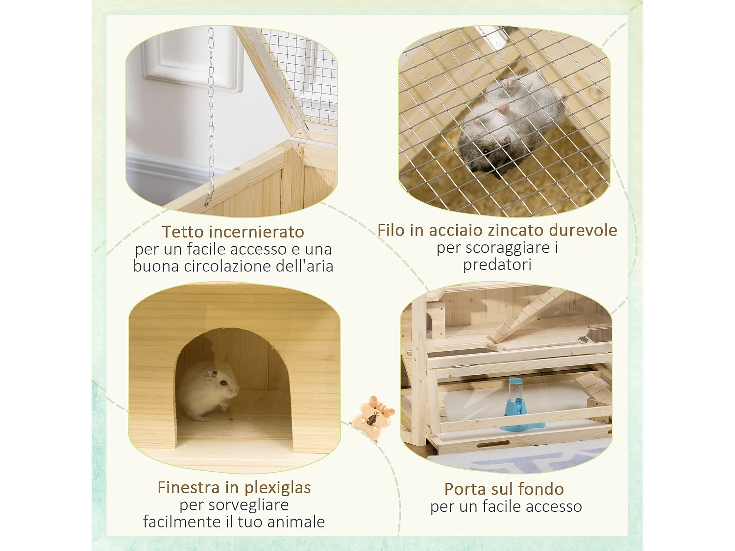 Casetta per criceti in legno 3 livelli tetto apribile parete trasparente