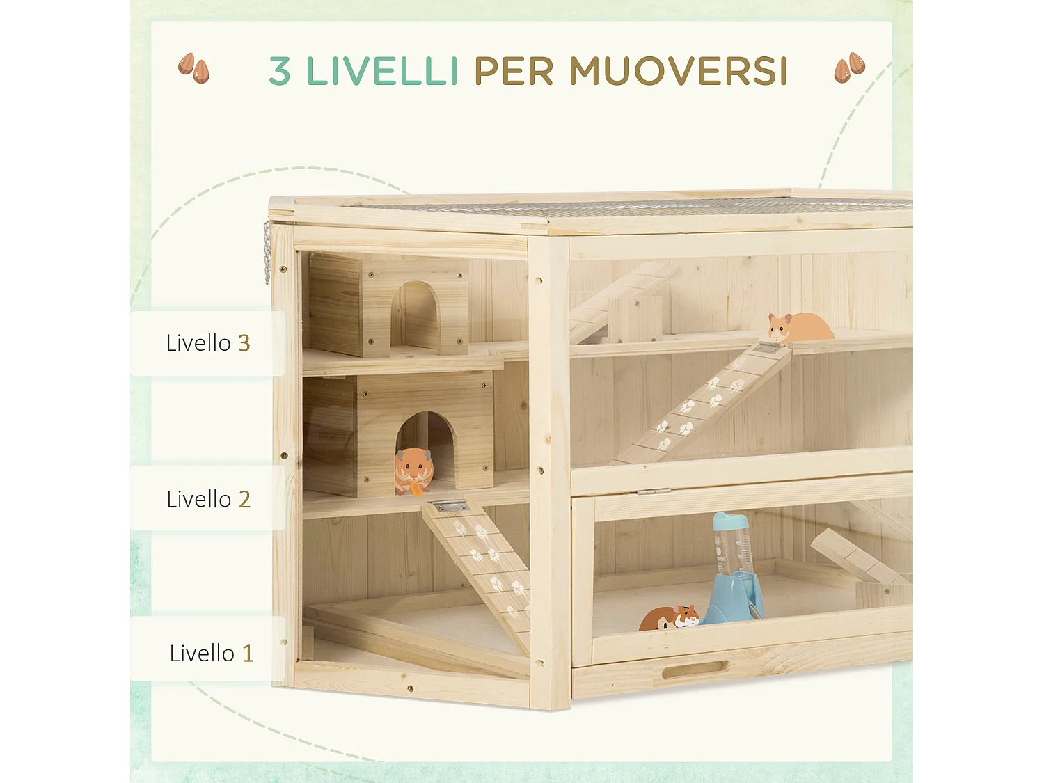 Casetta per criceti in legno 3 livelli tetto apribile parete trasparente