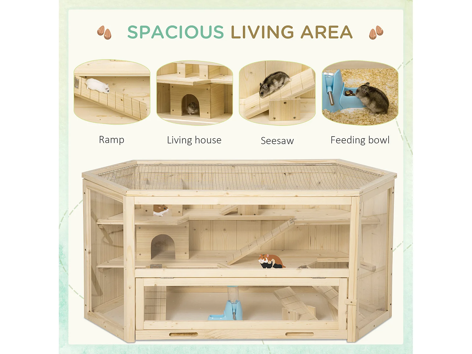 Casetta per criceti in legno 3 livelli tetto apribile parete trasparente