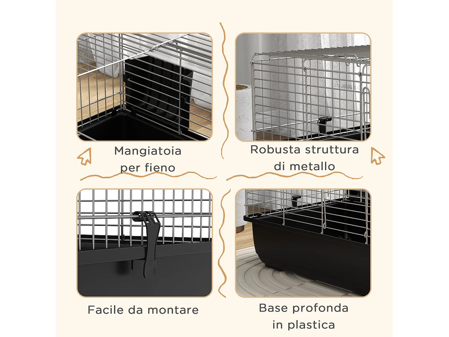 Gabbia per conigli con 2 aperture e vassoio rimovibile nera e argento