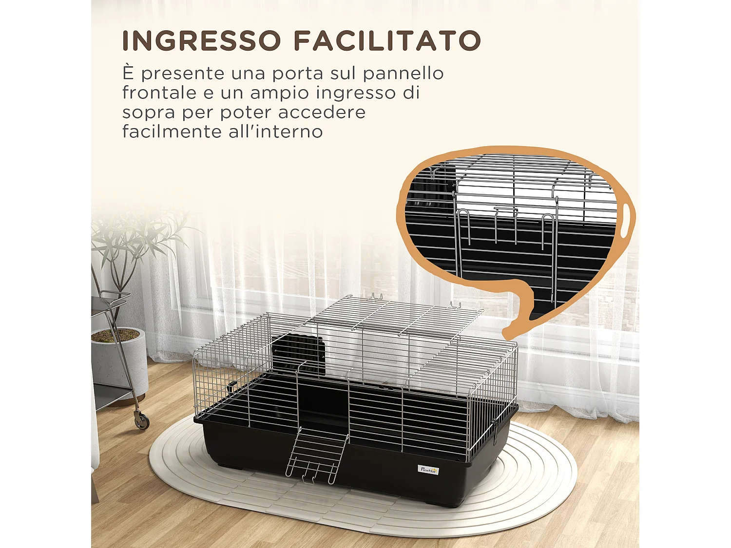 Gabbia per conigli con 2 aperture e vassoio rimovibile nera e argento