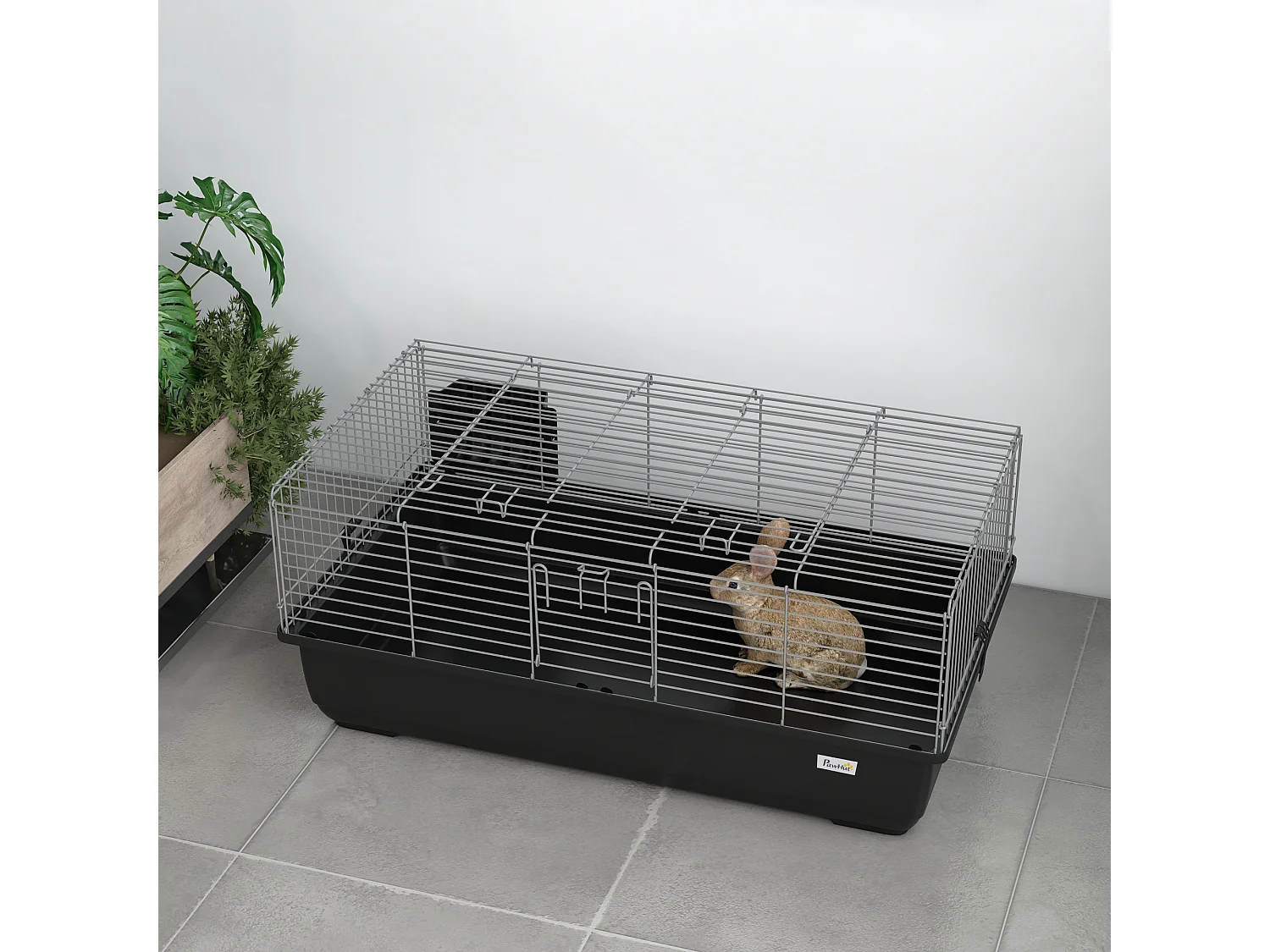 Gabbia per conigli con 2 aperture e vassoio rimovibile nera e argento