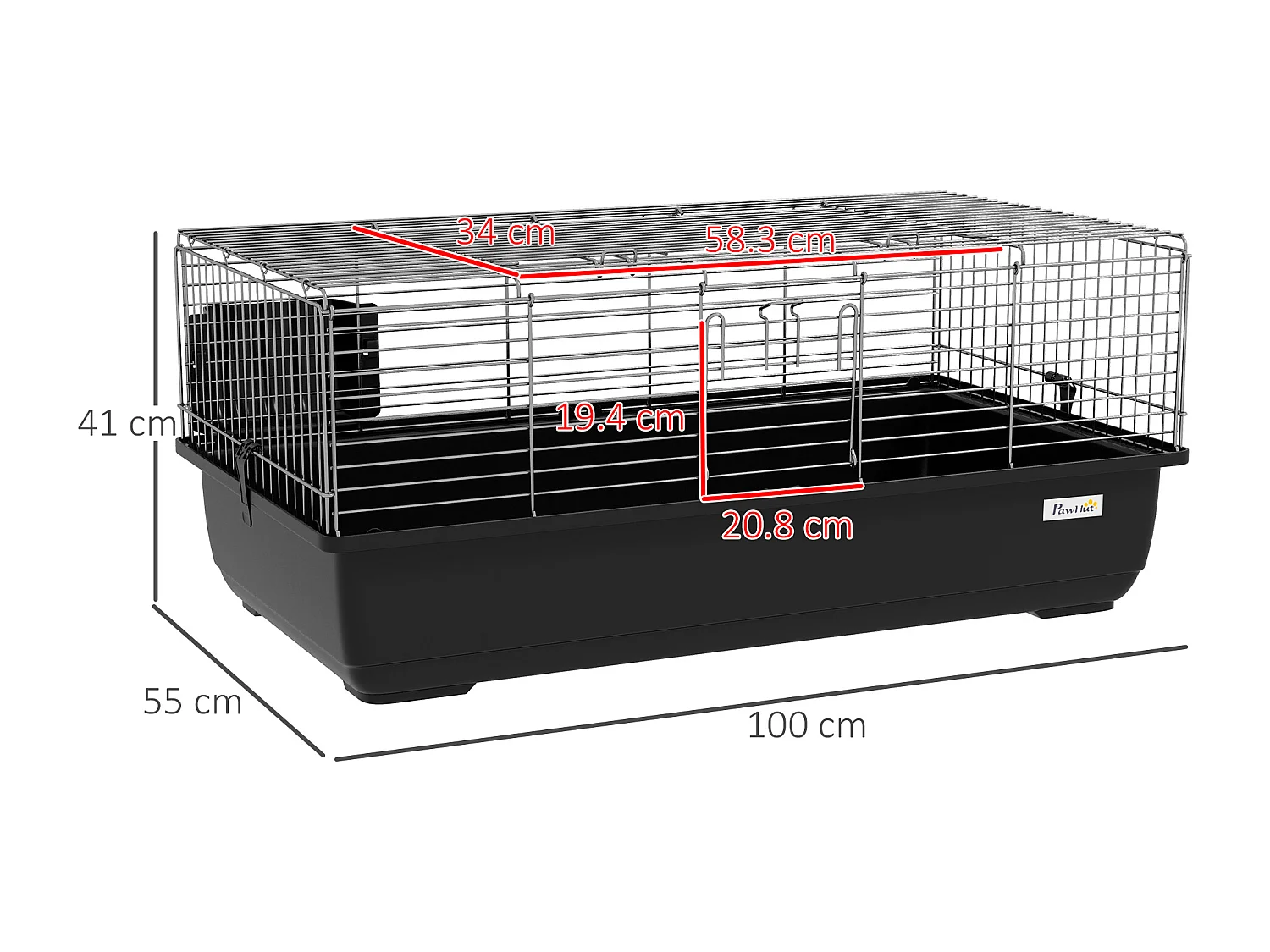 Gabbia per conigli con 2 aperture e vassoio rimovibile nera e argento