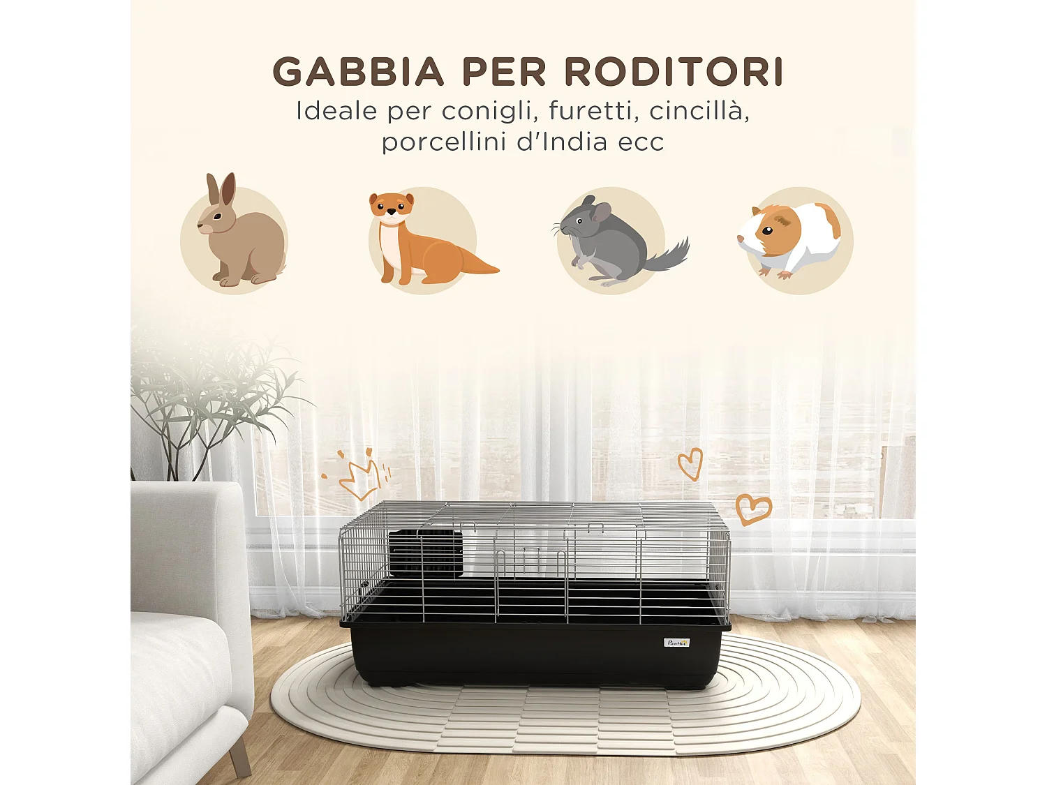 Gabbia per conigli con 2 aperture e vassoio rimovibile nera e argento