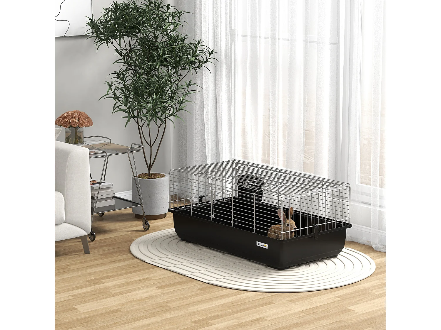 Gabbia per conigli con 2 aperture e vassoio rimovibile nera e argento