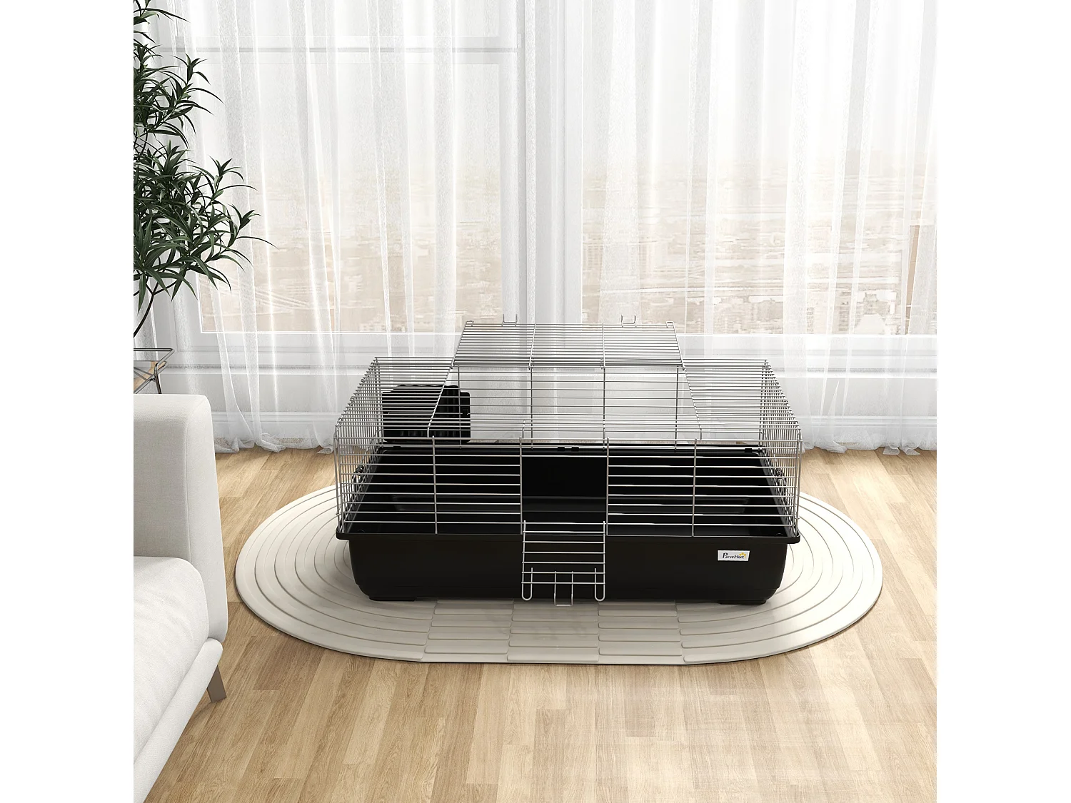 Gabbia per conigli con 2 aperture e vassoio rimovibile nera e argento