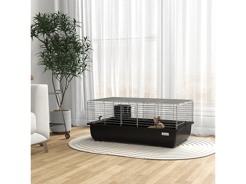 Gabbia per conigli con 2 aperture e vassoio rimovibile nera e argento