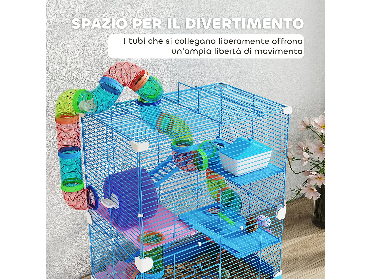 Gabbia per criceti a 5 livelli con tubi e ruota in metallo e plastica blu