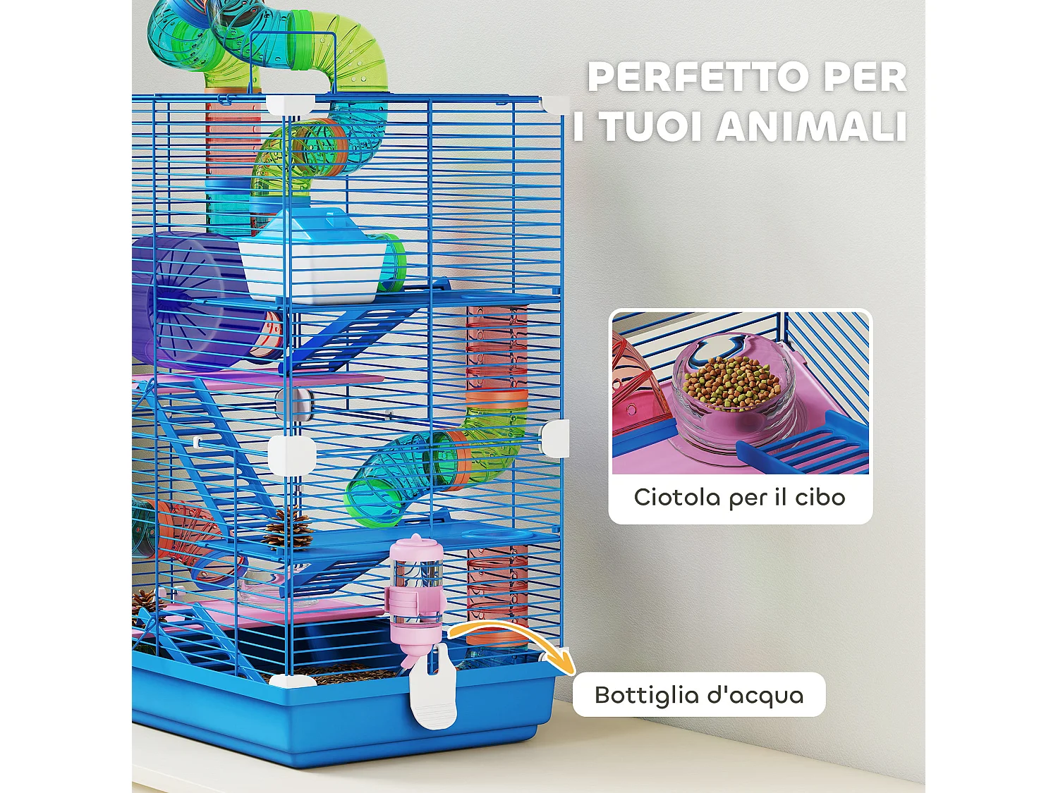 Gabbia per criceti a 5 livelli con tubi e ruota in metallo e plastica blu