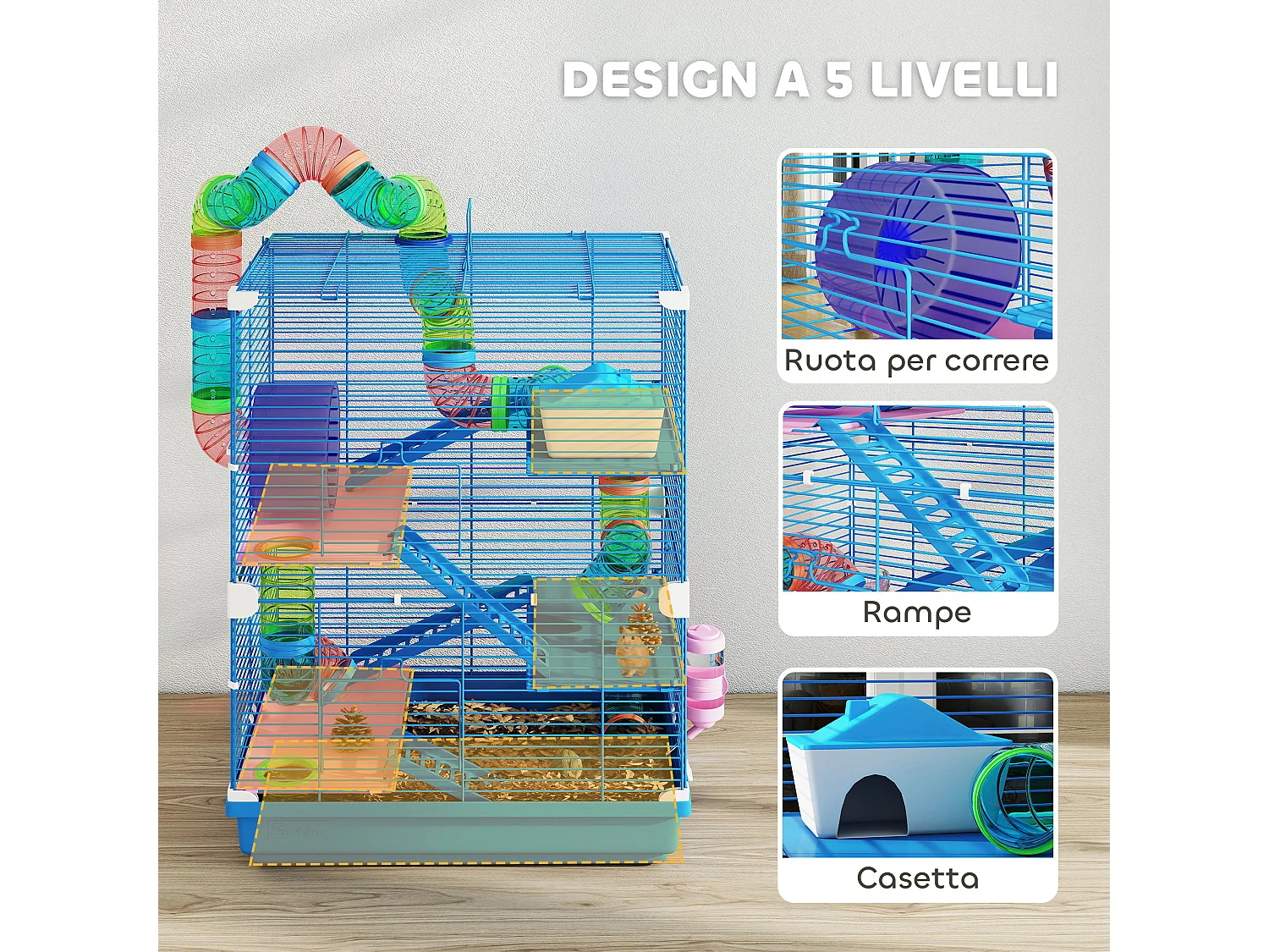 Gabbia per criceti a 5 livelli con tubi e ruota in metallo e plastica blu