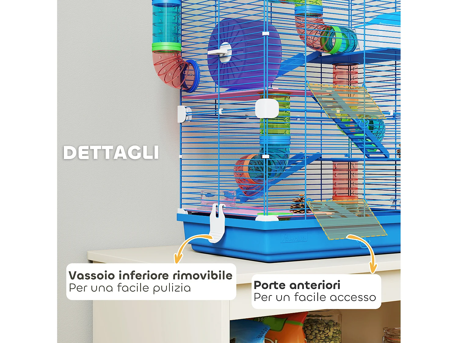 Gabbia per criceti a 5 livelli con tubi e ruota in metallo e plastica blu