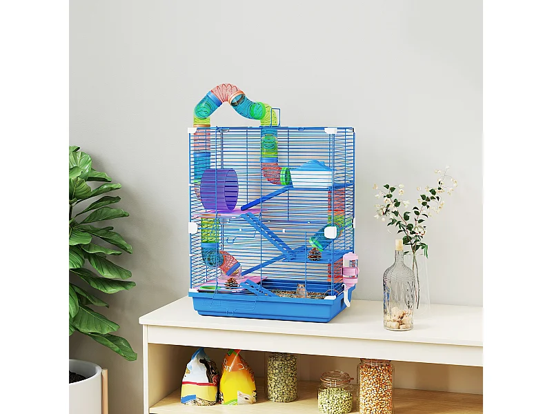 Gabbia per criceti a 5 livelli con tubi e ruota in metallo e plastica blu