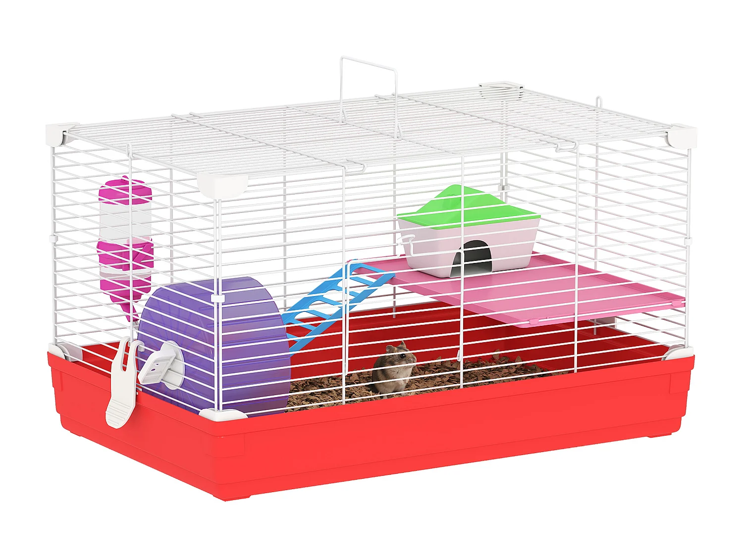 Gabbia per criceti a 2 livelli con casetta serbatoio ruota e piattini