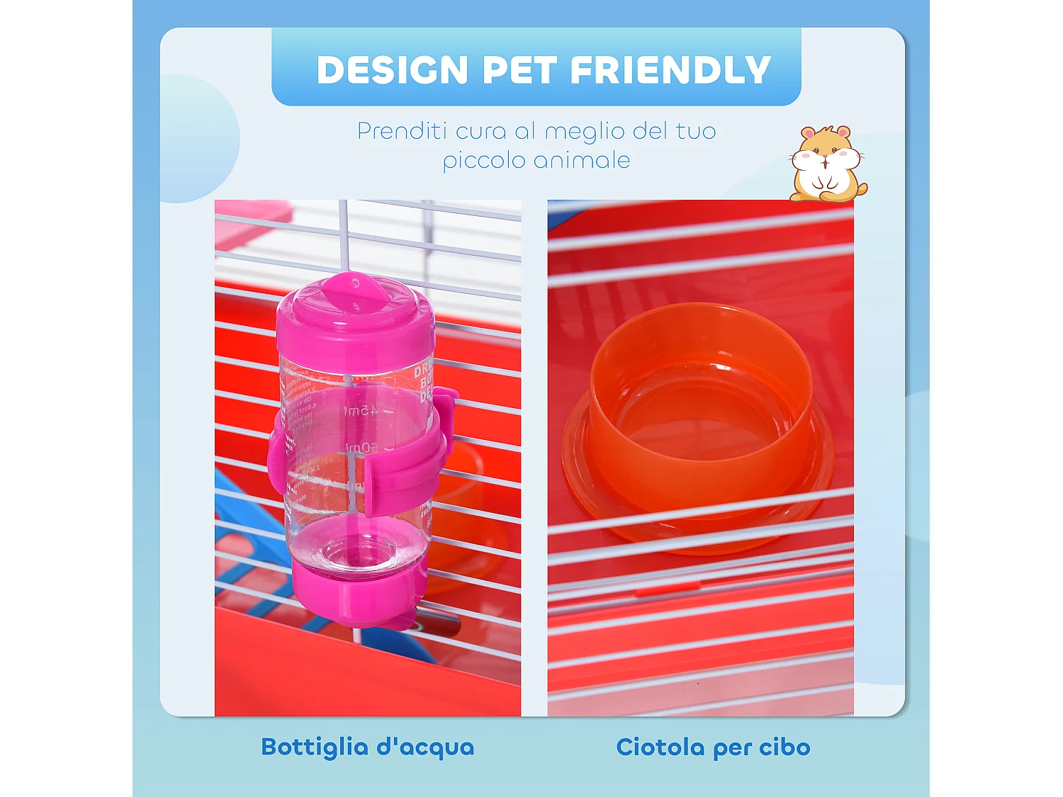 Gabbia per criceti a 2 livelli con casetta serbatoio ruota e piattini