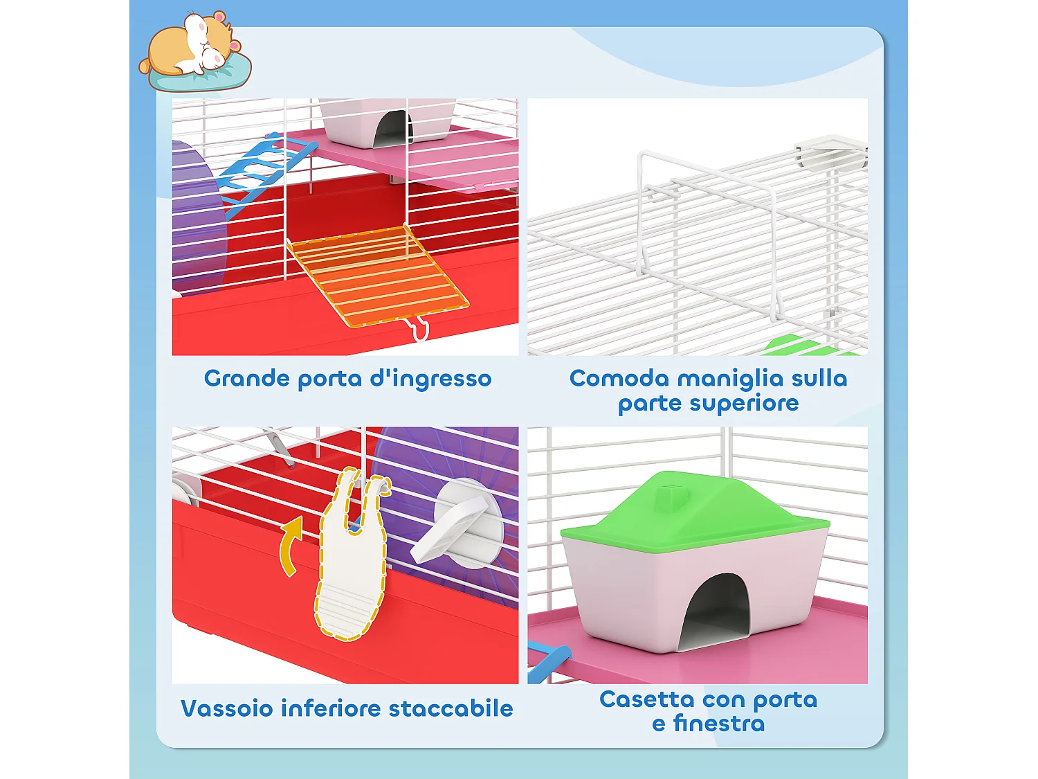 Gabbia per criceti a 2 livelli con casetta serbatoio ruota e piattini