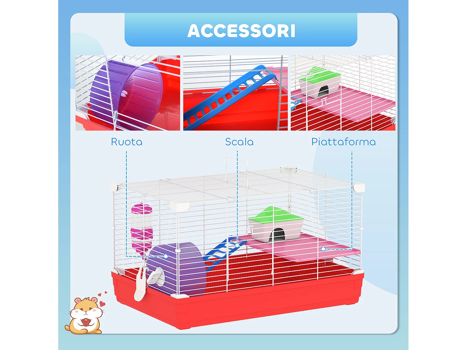 Gabbia per criceti a 2 livelli con casetta serbatoio ruota e piattini