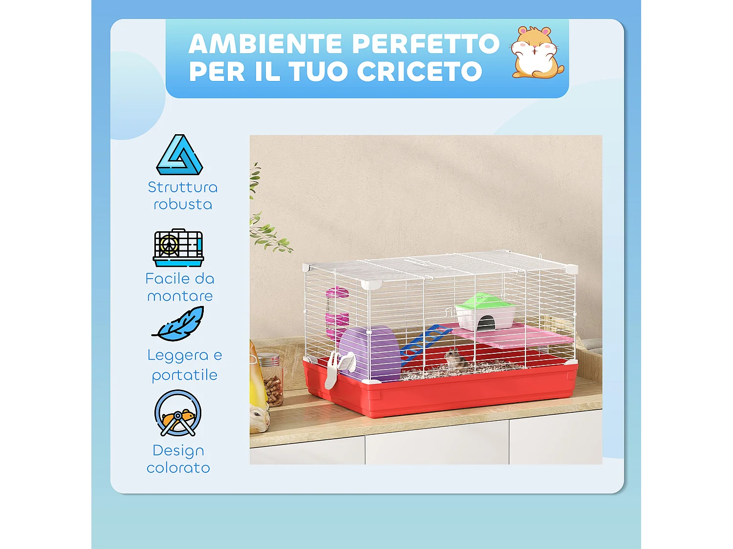Gabbia per criceti a 2 livelli con casetta serbatoio ruota e piattini