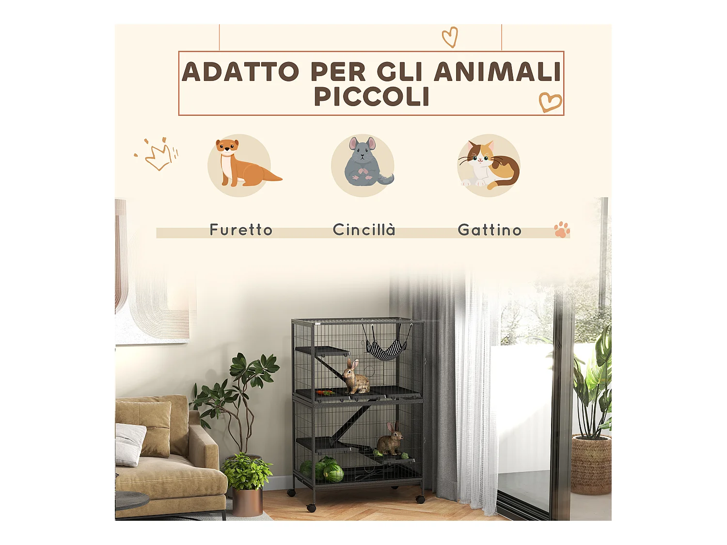 Gabbia per conigli con 4 ingressi e amaca in acciaio e pp 80x52x128 cm