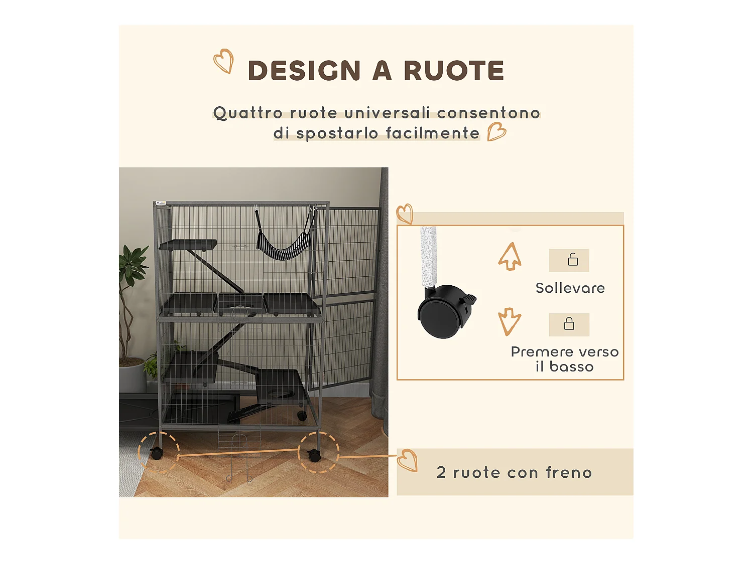 Gabbia per conigli con 4 ingressi e amaca in acciaio e pp 80x52x128 cm