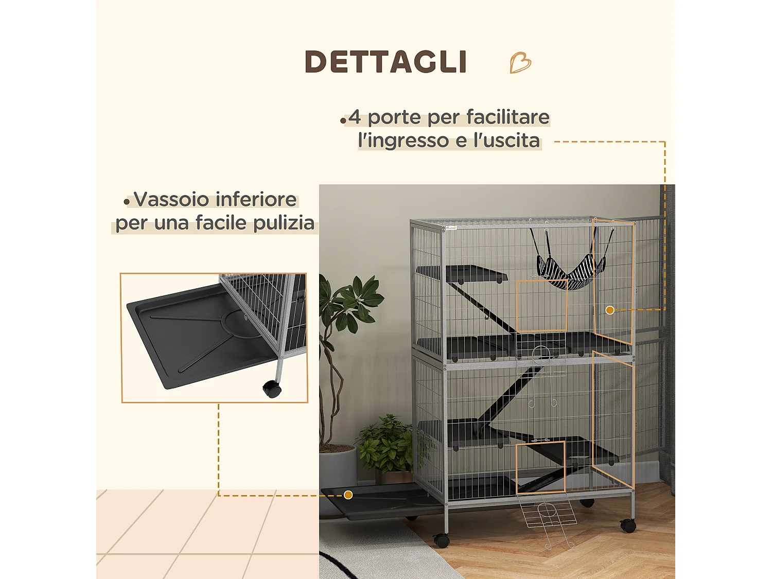 Gabbia per conigli con 4 ingressi e amaca in acciaio e pp 80x52x128 cm