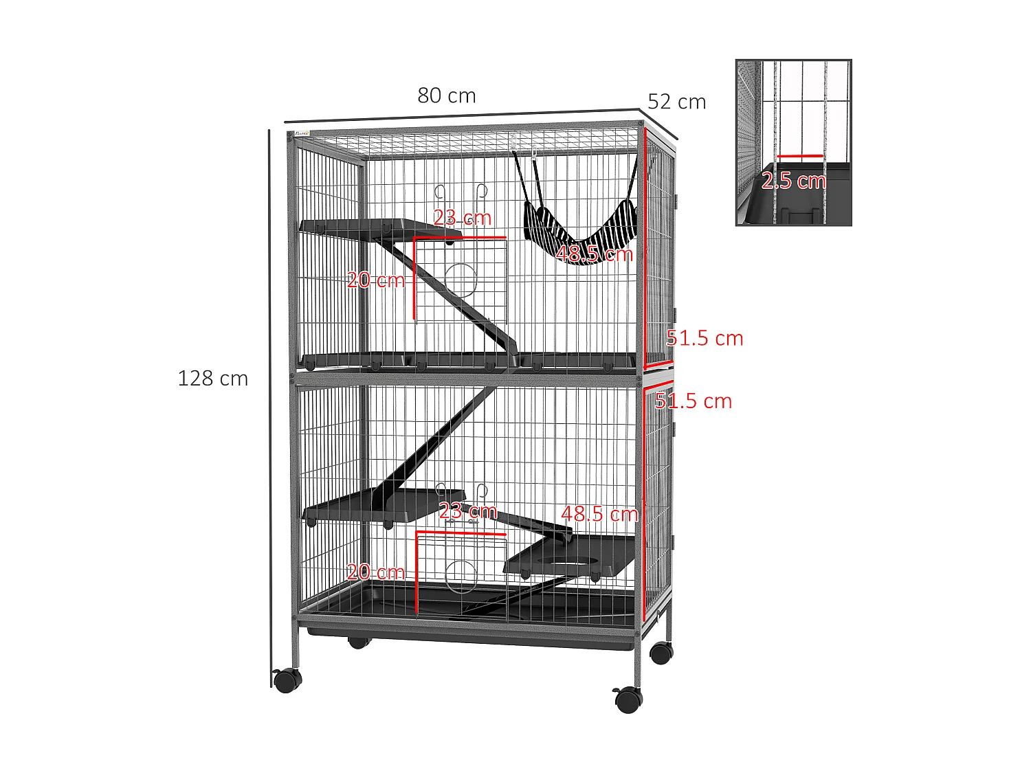 Gabbia per conigli con 4 ingressi e amaca in acciaio e pp 80x52x128 cm