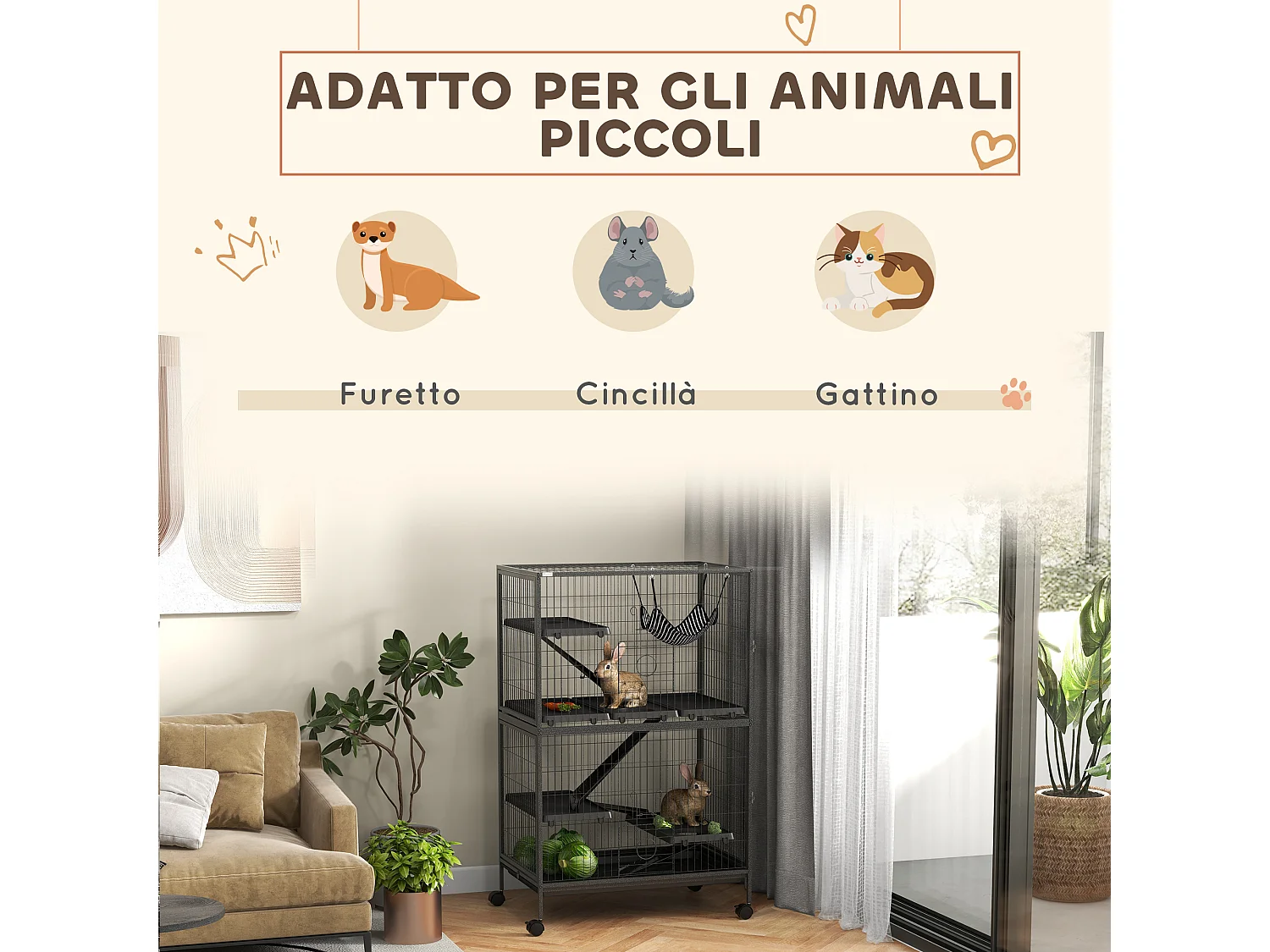 Gabbia per conigli con 4 ingressi e amaca in acciaio e pp 80x52x128 cm