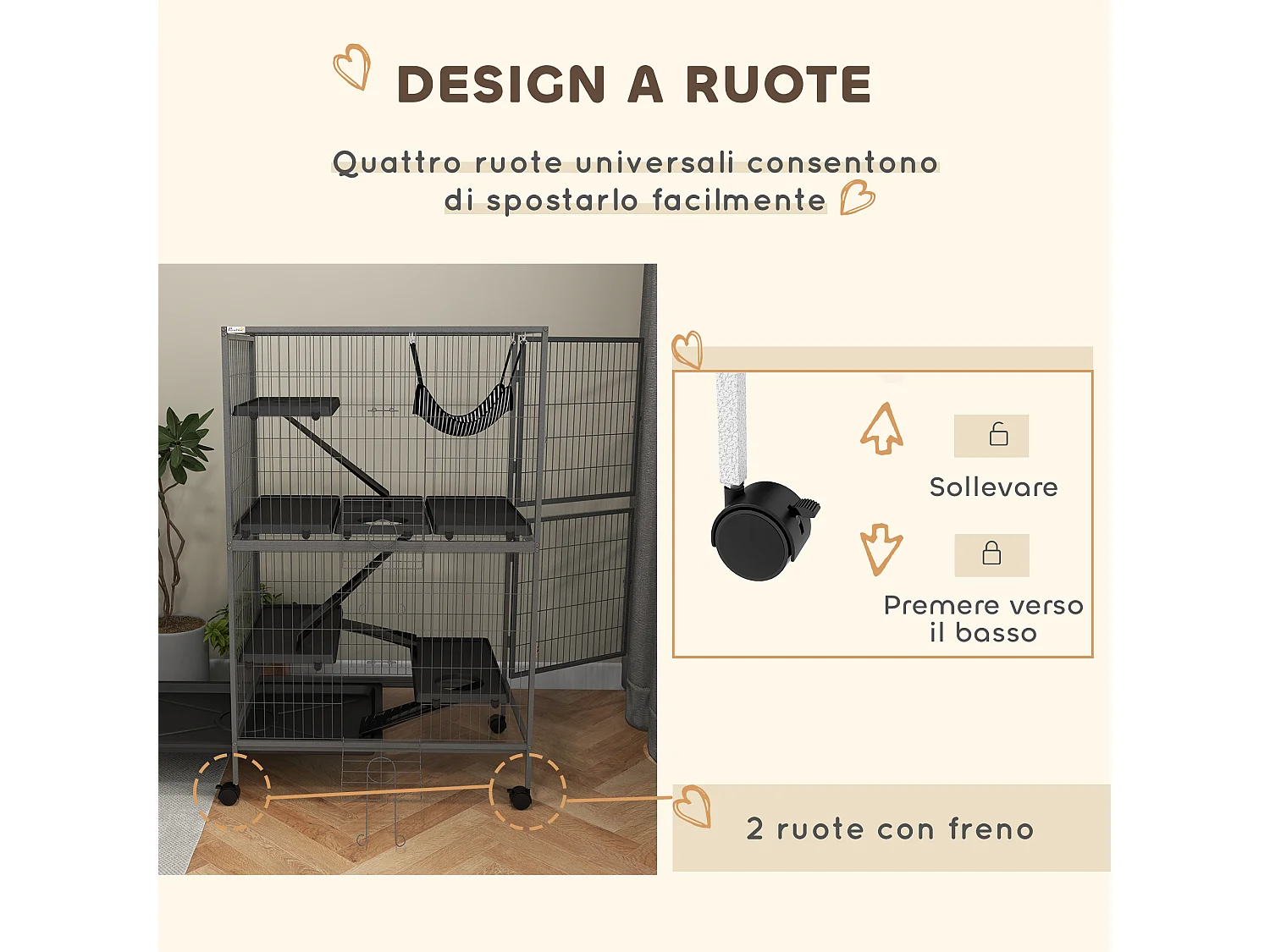 Gabbia per conigli con 4 ingressi e amaca in acciaio e pp 80x52x128 cm