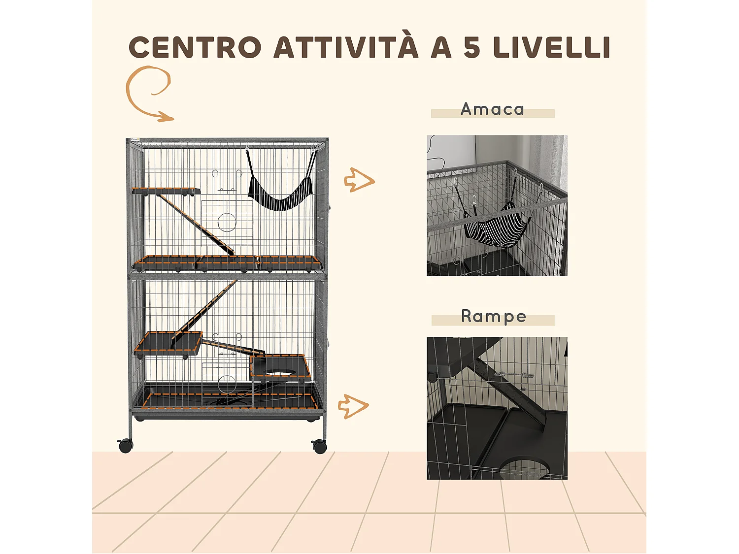 Gabbia per conigli con 4 ingressi e amaca in acciaio e pp 80x52x128 cm