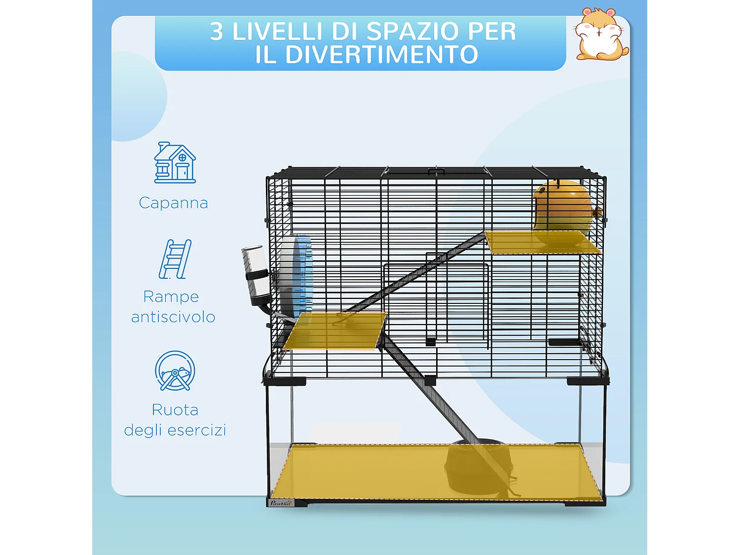 Gabbia criceti 3 livelli con ruota, rampe e base rimovibile 60x40x54.5cm