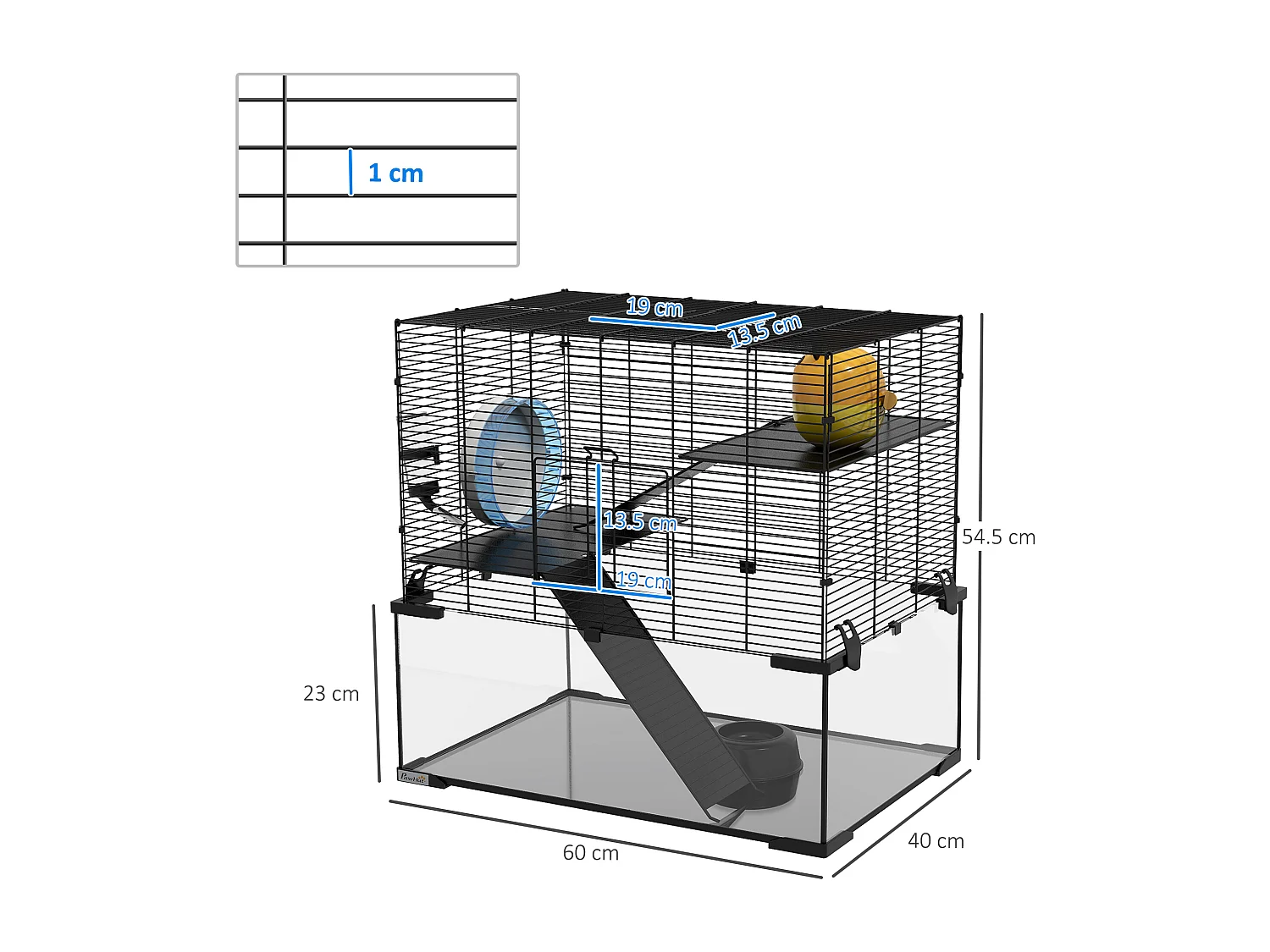 Gabbia criceti 3 livelli con ruota, rampe e base rimovibile 60x40x54.5cm