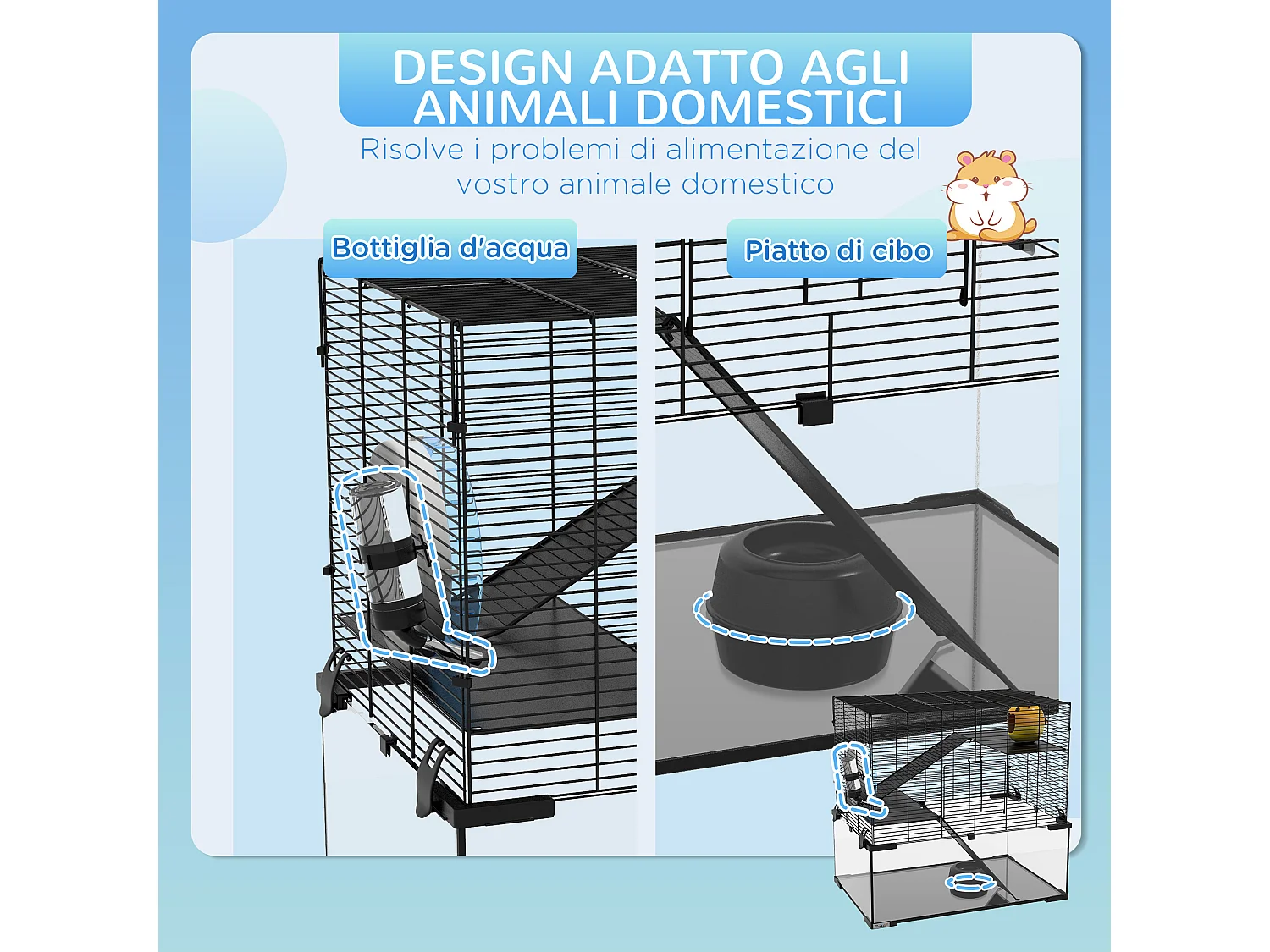 Gabbia criceti 3 livelli con ruota, rampe e base rimovibile 60x40x54.5cm