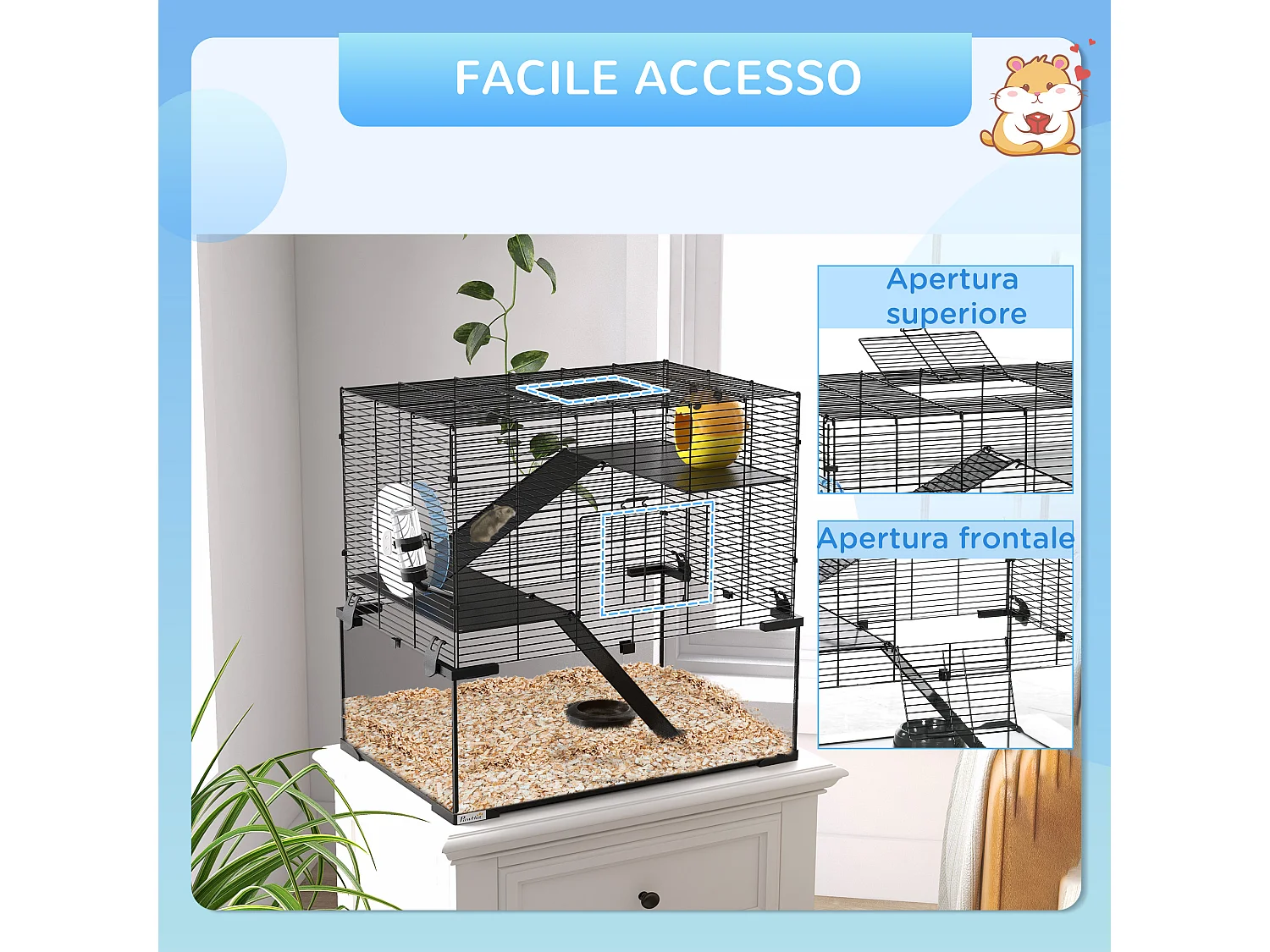 Gabbia criceti 3 livelli con ruota, rampe e base rimovibile 60x40x54.5cm