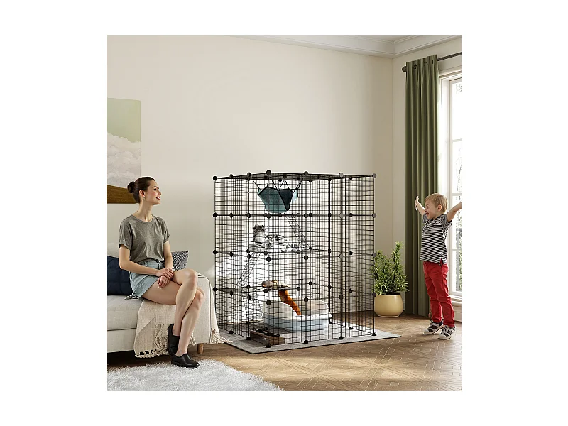 Gabbia per gatti domestici modulabile a 4 livelli in acciaio e pp nero