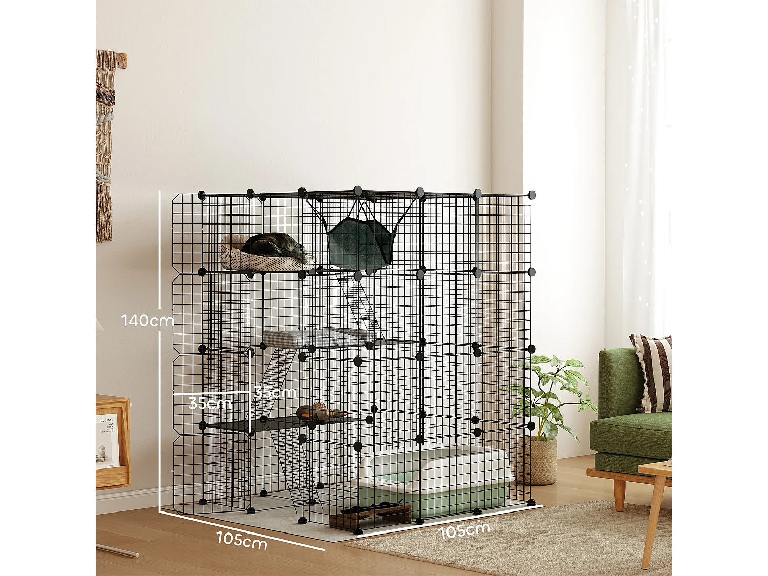 Gabbia per gatti domestici modulabile a 4 livelli in acciaio e pp nero