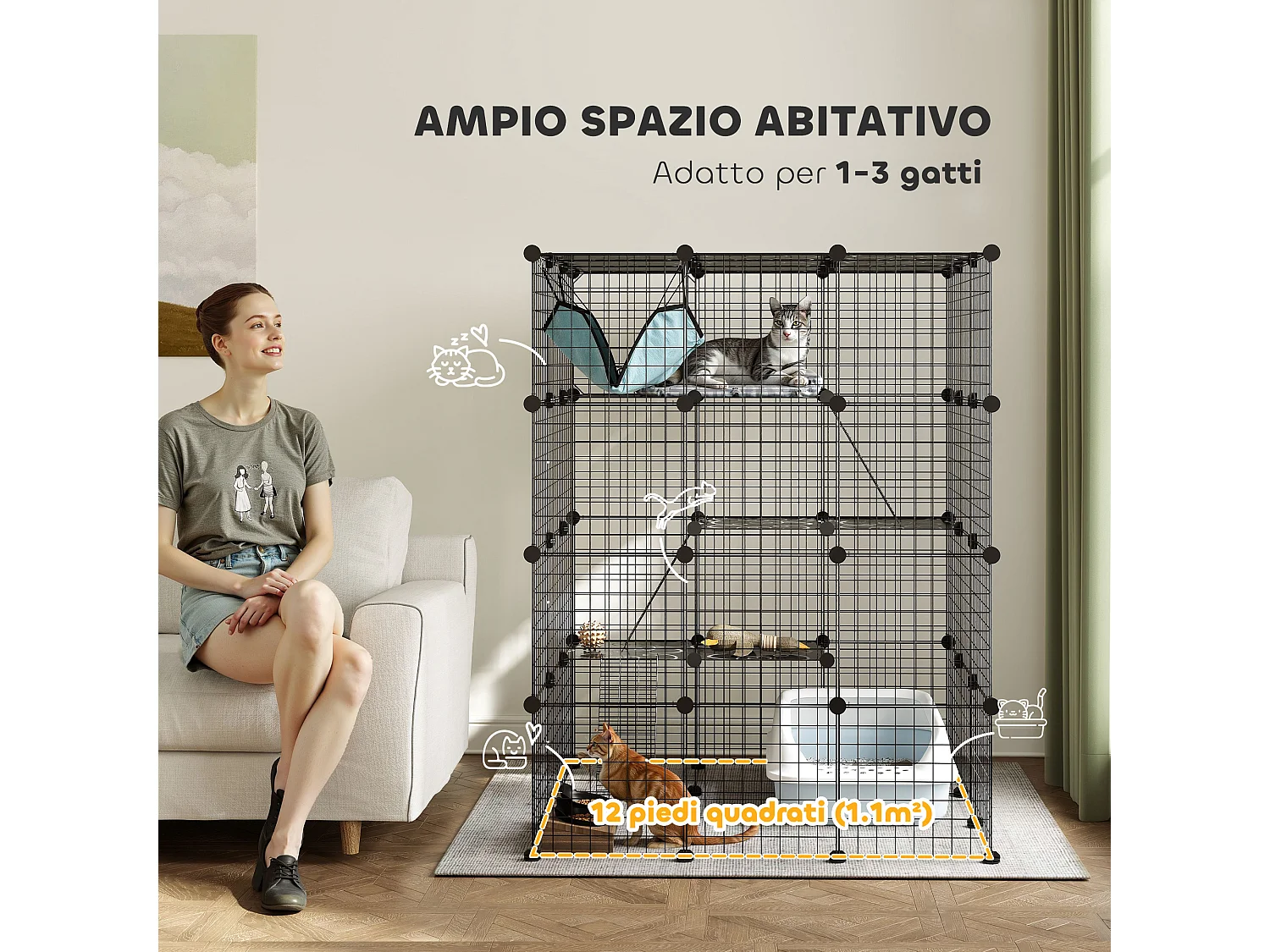 Gabbia per gatti domestici modulabile a 4 livelli in acciaio e pp nero