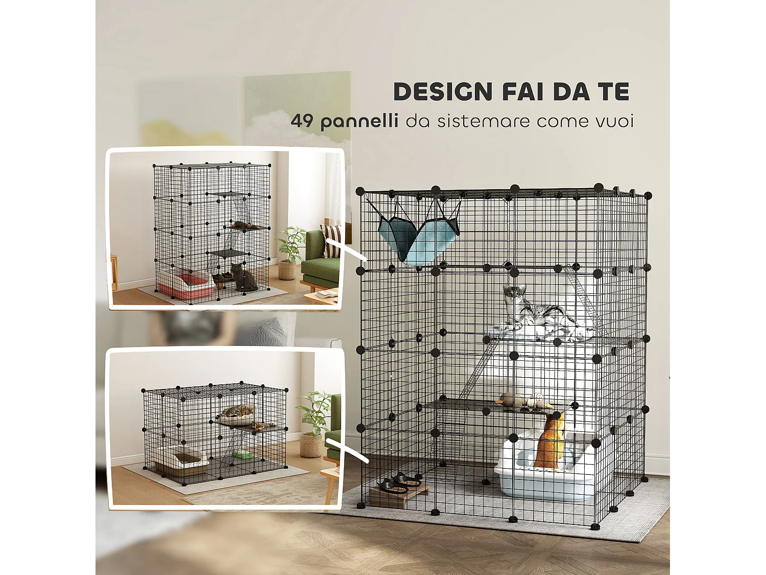 Gabbia per gatti domestici modulabile a 4 livelli in acciaio e pp nero