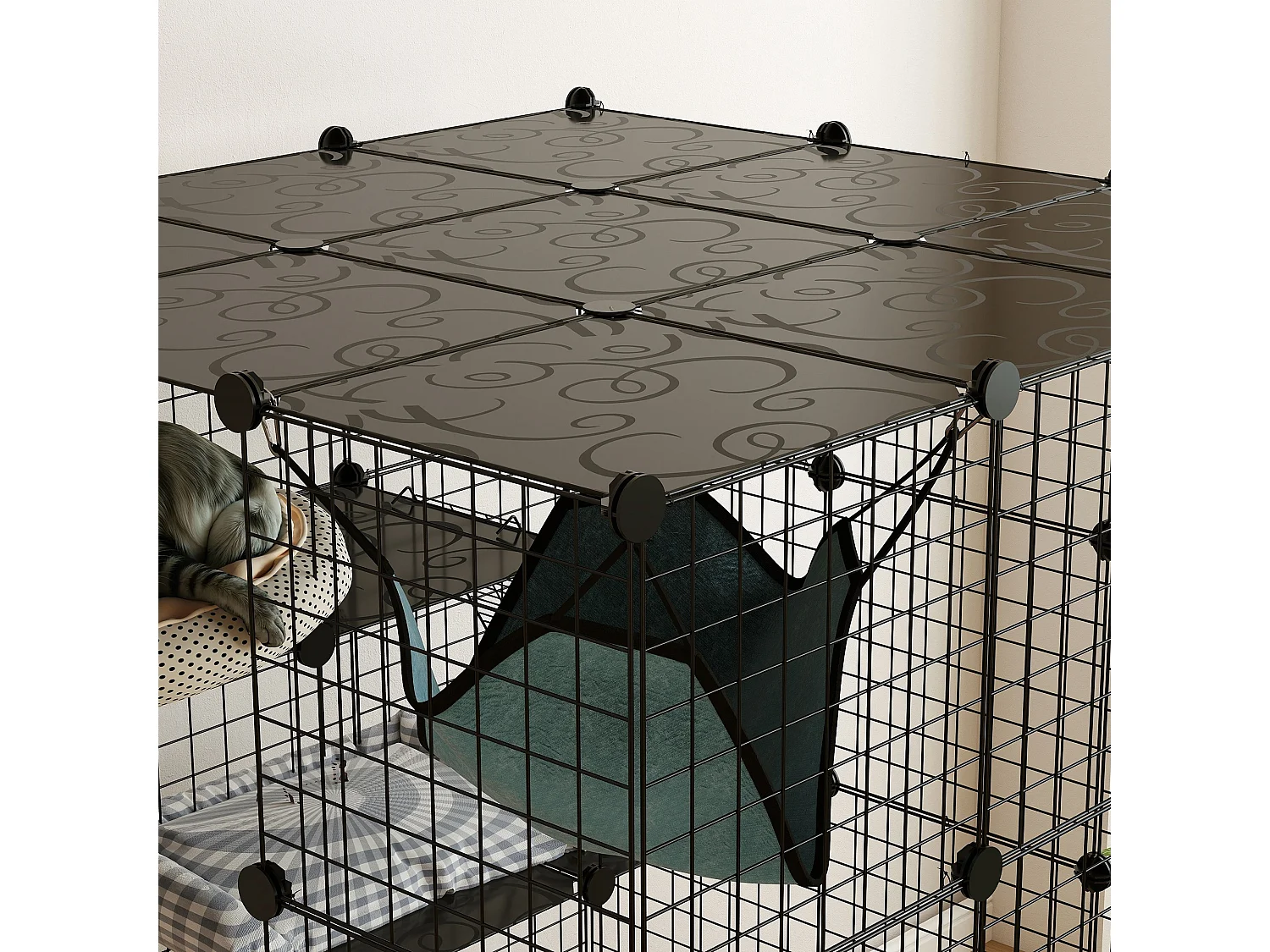 Gabbia per gatti domestici modulabile a 4 livelli in acciaio e pp nero