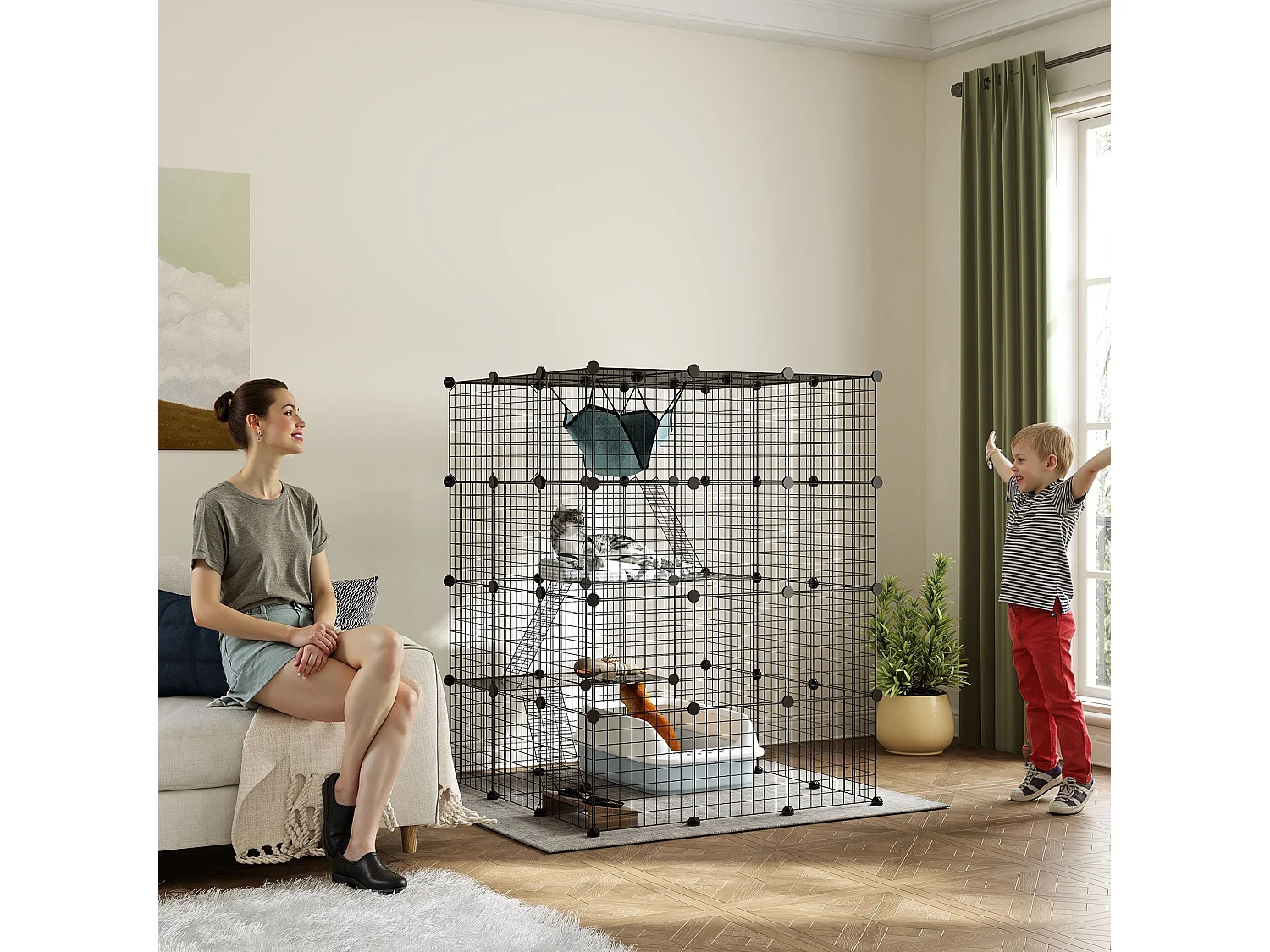 Gabbia per gatti domestici modulabile a 4 livelli in acciaio e pp nero