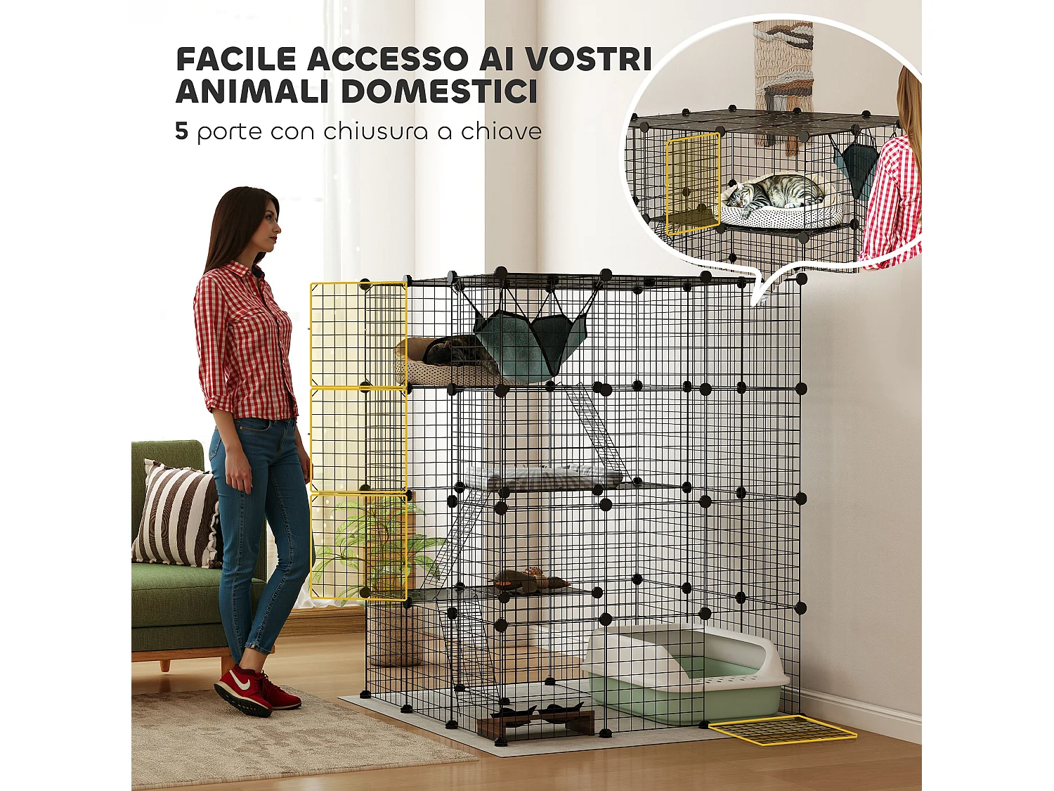 Gabbia per gatti domestici modulabile a 4 livelli in acciaio e pp nero