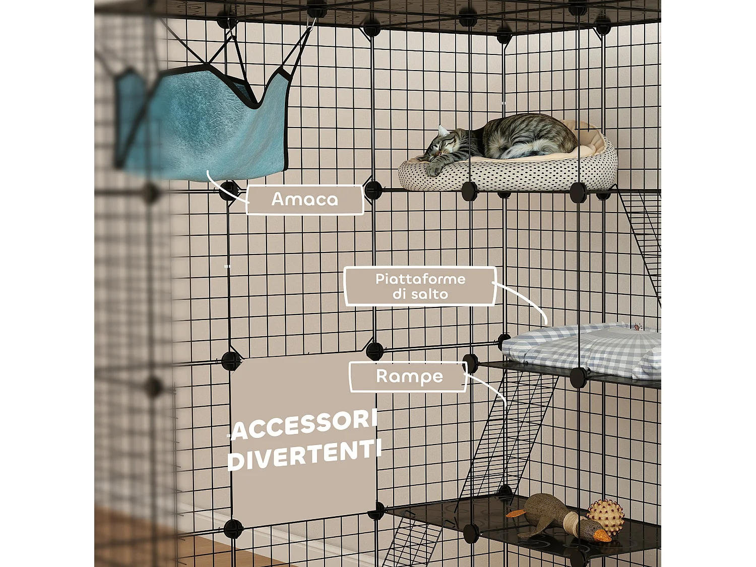 Gabbia per gatti domestici modulabile a 4 livelli in acciaio e pp nero