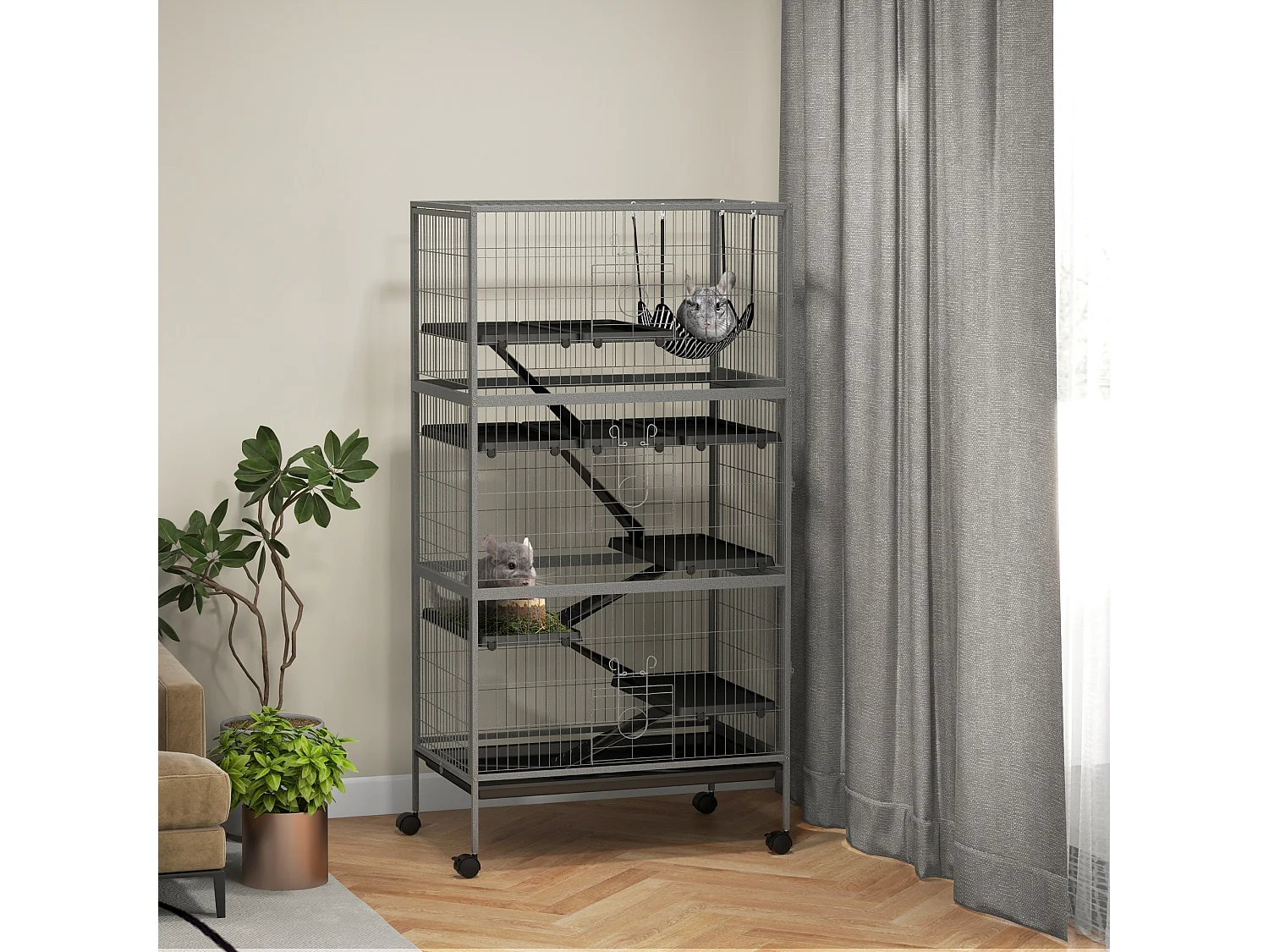 Gabbia per conigli con 4 ingressi e amaca in acciaio e pp 80x52x159 cm