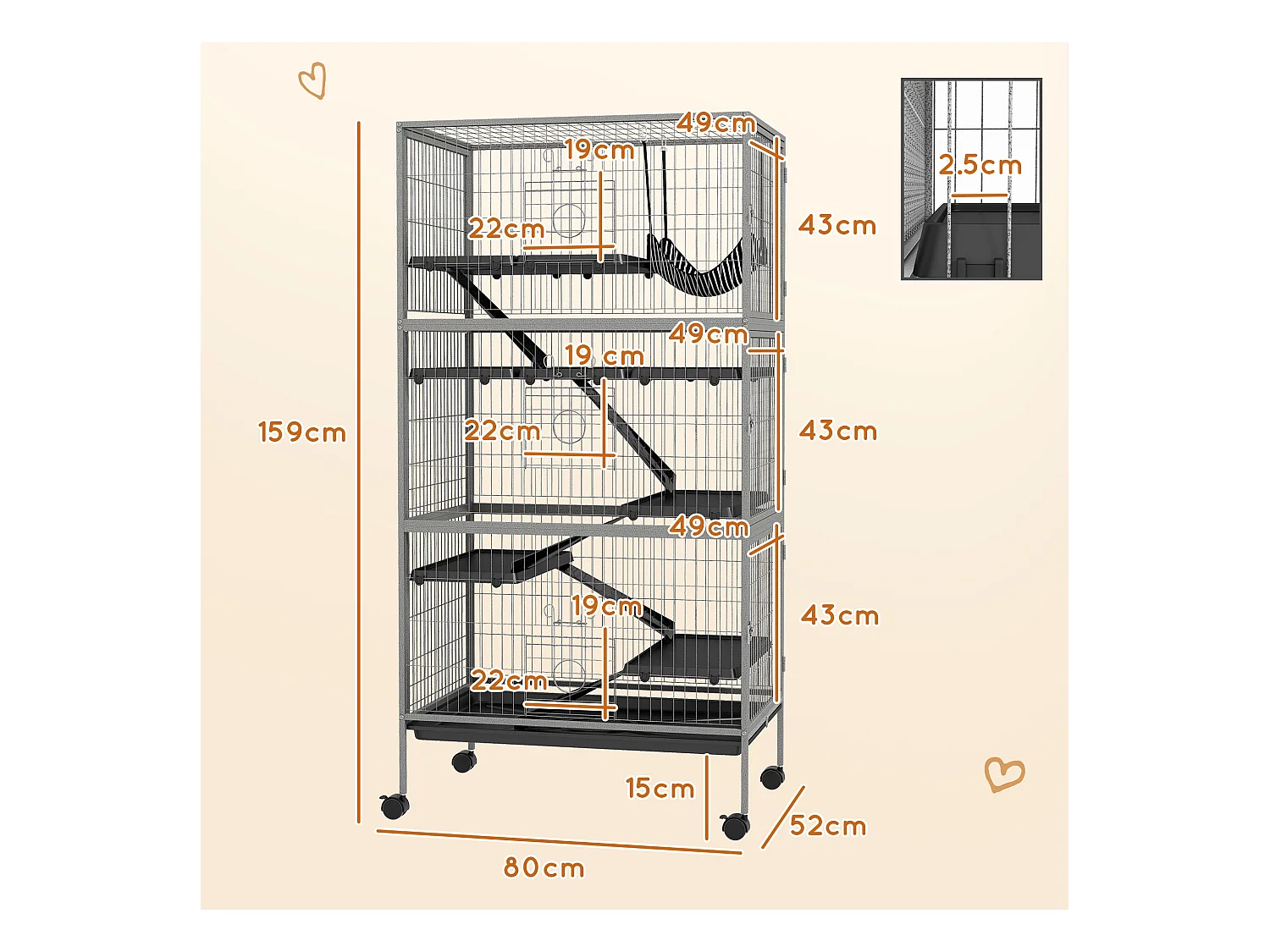 Gabbia per conigli con 4 ingressi e amaca in acciaio e pp 80x52x159 cm