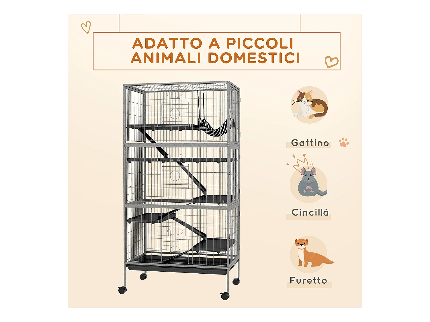 Gabbia per conigli con 4 ingressi e amaca in acciaio e pp 80x52x159 cm