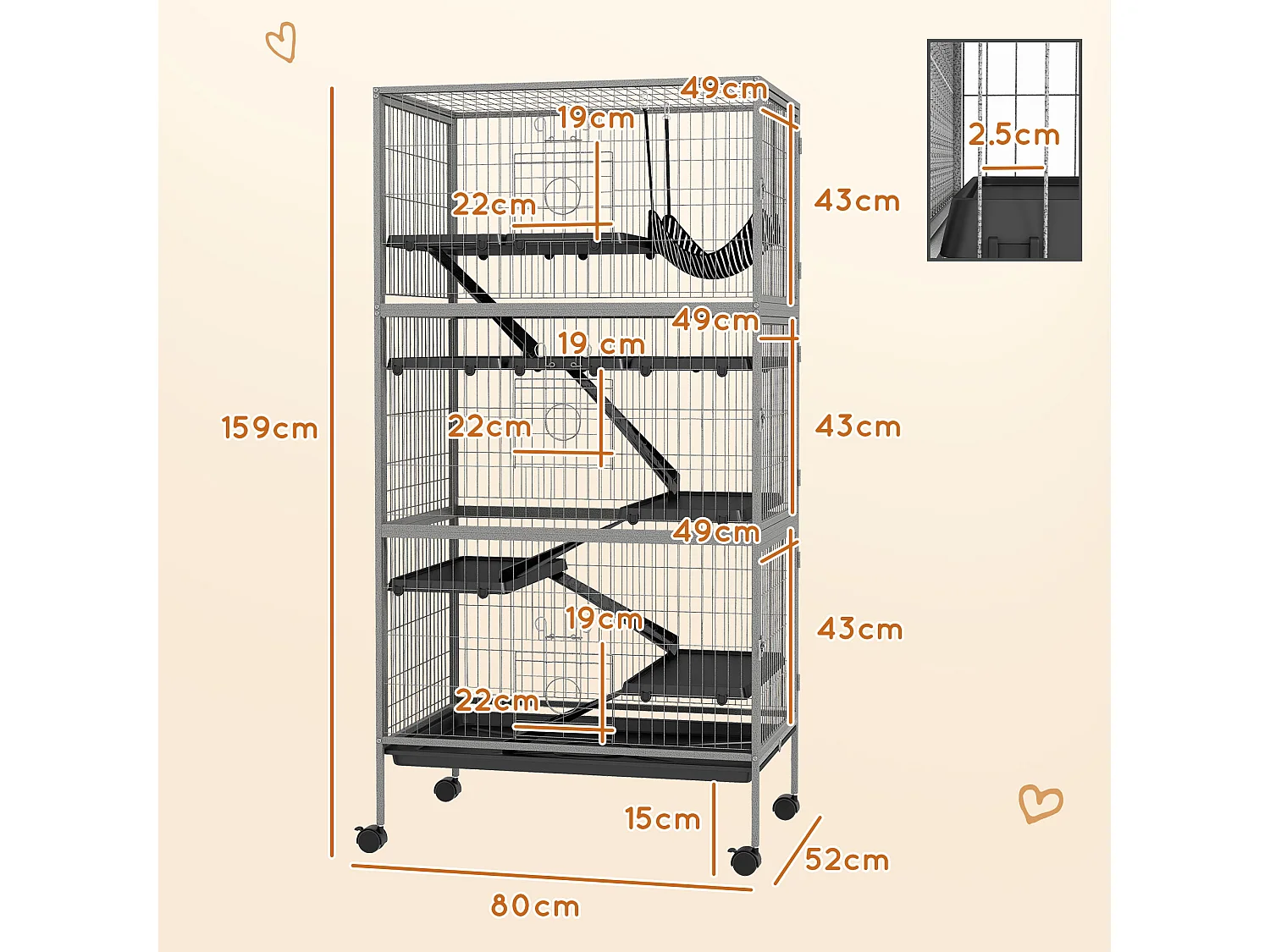 Gabbia per conigli con 4 ingressi e amaca in acciaio e pp 80x52x159 cm