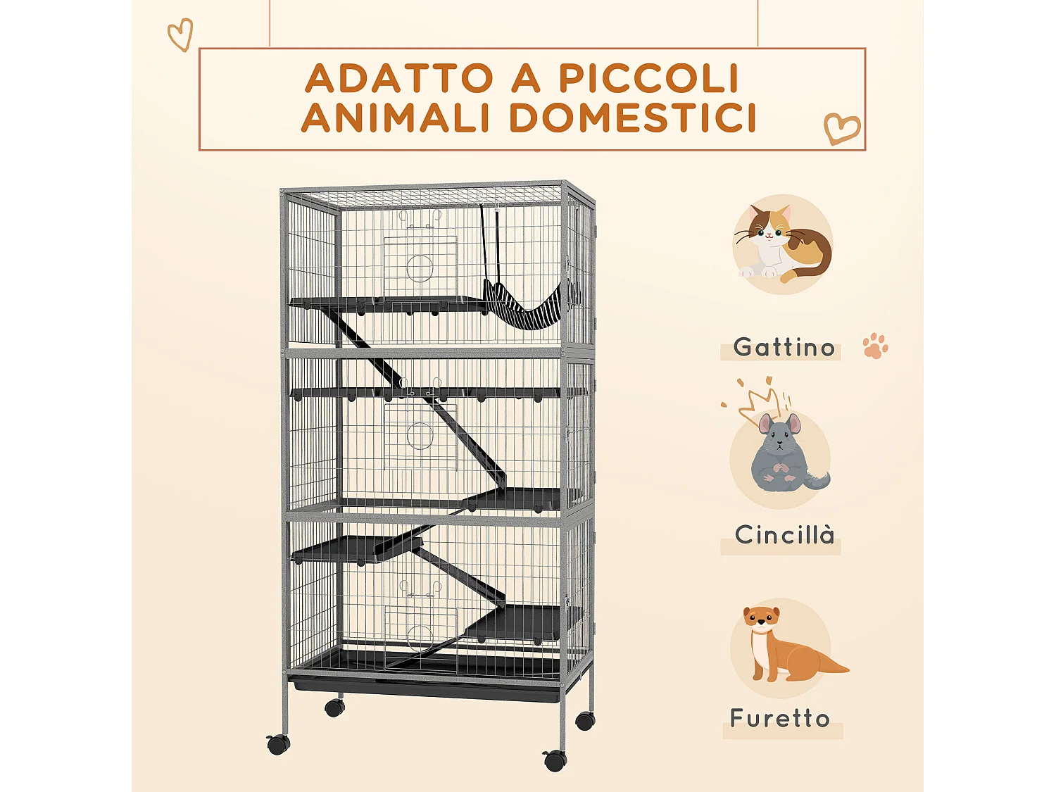 Gabbia per conigli con 4 ingressi e amaca in acciaio e pp 80x52x159 cm