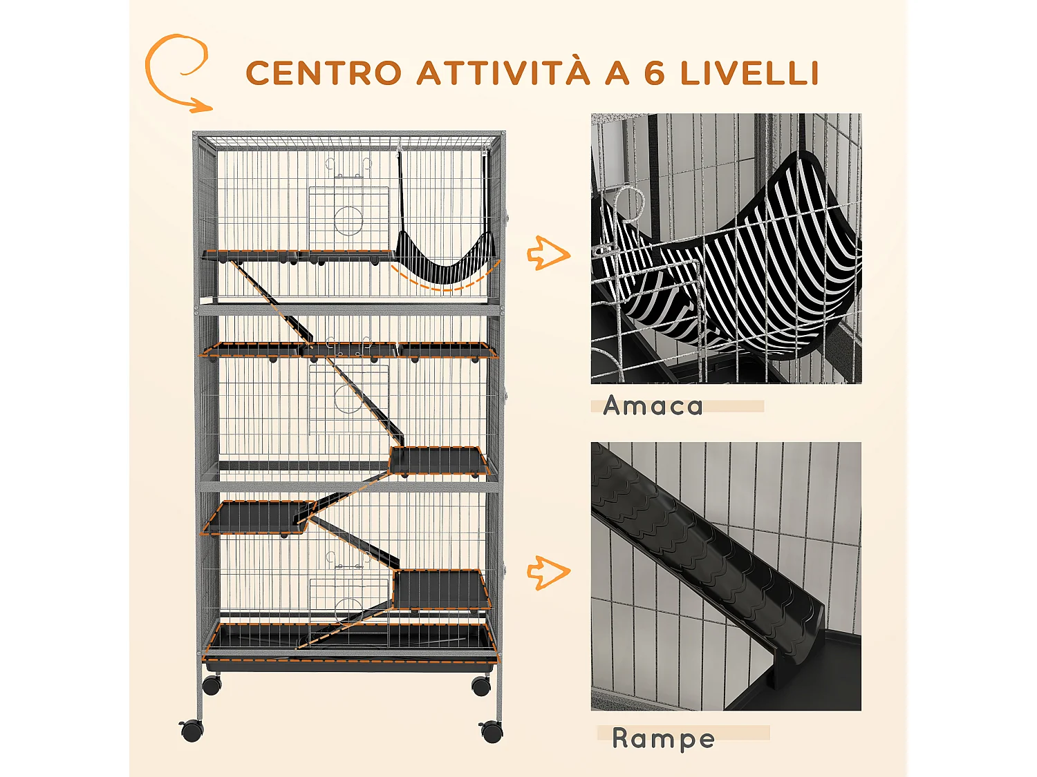 Gabbia per conigli con 4 ingressi e amaca in acciaio e pp 80x52x159 cm