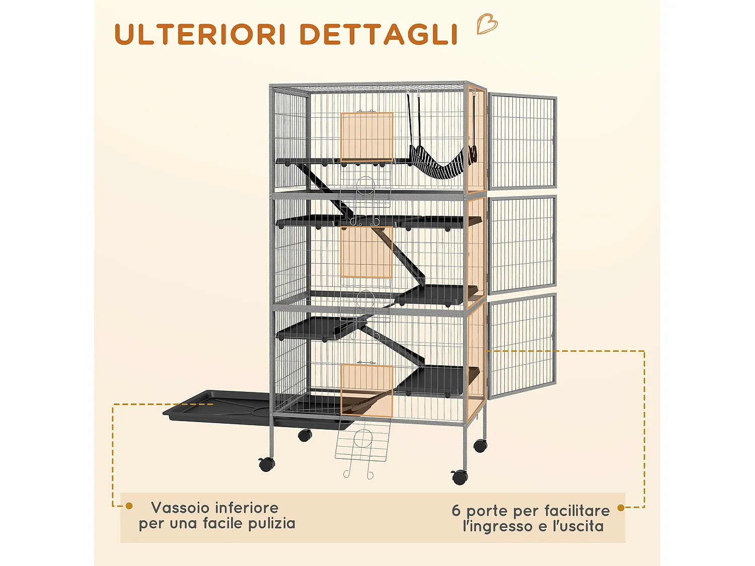 Gabbia per conigli con 4 ingressi e amaca in acciaio e pp 80x52x159 cm
